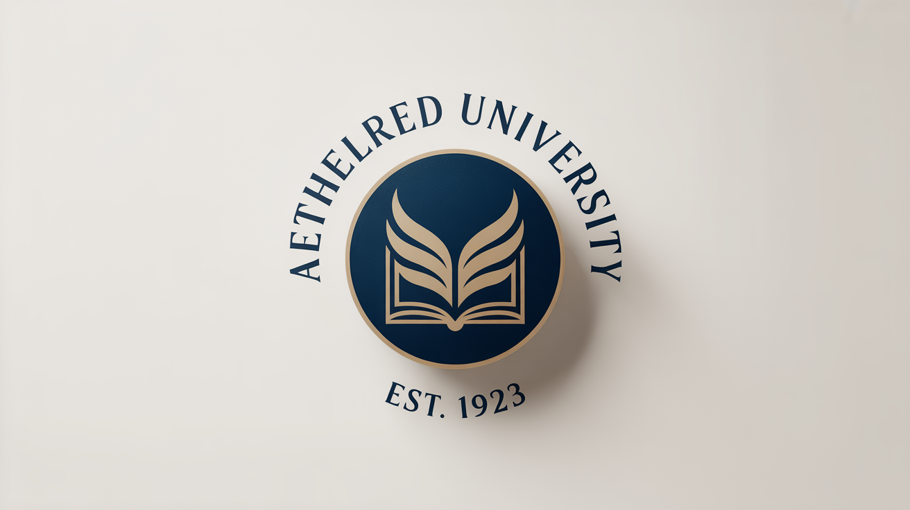 A modern university logo for the fictional 'Aethelred University', featuring a navy blue and gold circular emblem with a book and eagle, on a clean white background.