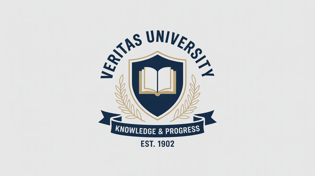 A professionally designed logo for the fictional 'Veritas University', featuring a navy blue and gold shield with a book, flanked by laurel branches, displayed on a white background.