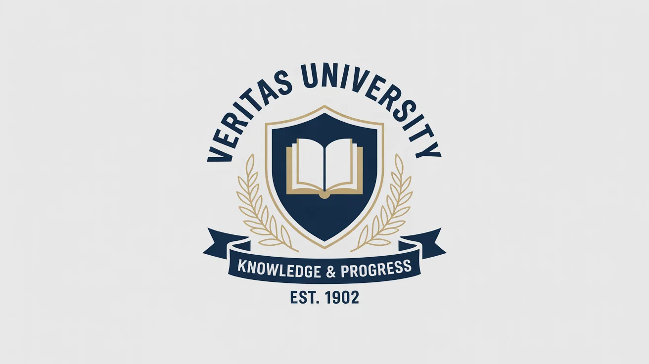 A professionally designed logo for the fictional 'Veritas University', featuring a navy blue and gold shield with a book, flanked by laurel branches, displayed on a white background.
