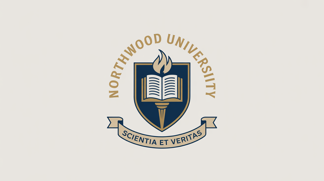 A professionally designed logo for the fictional 'Northwood University', featuring a navy blue and gold shield with a book and torch, on a clean white background.