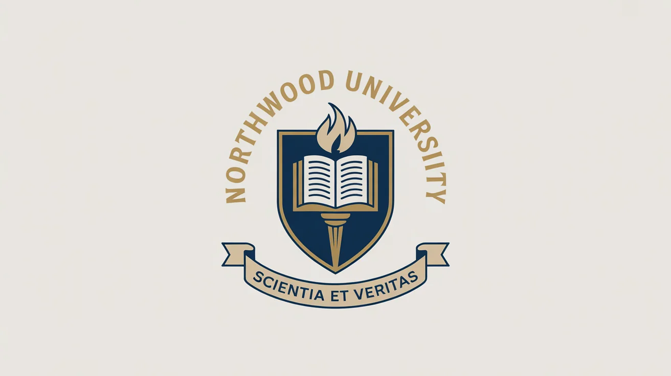 A professionally designed logo for the fictional 'Northwood University', featuring a navy blue and gold shield with a book and torch, on a clean white background.