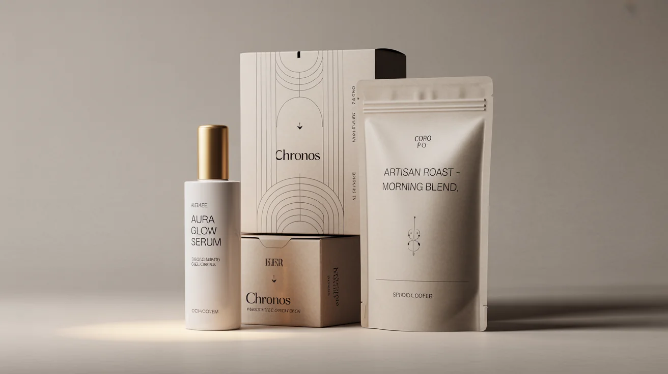 A collection of professionally designed product packages for cosmetics, electronics, and coffee, showcasing beautiful typography and minimalist design in a studio setting.