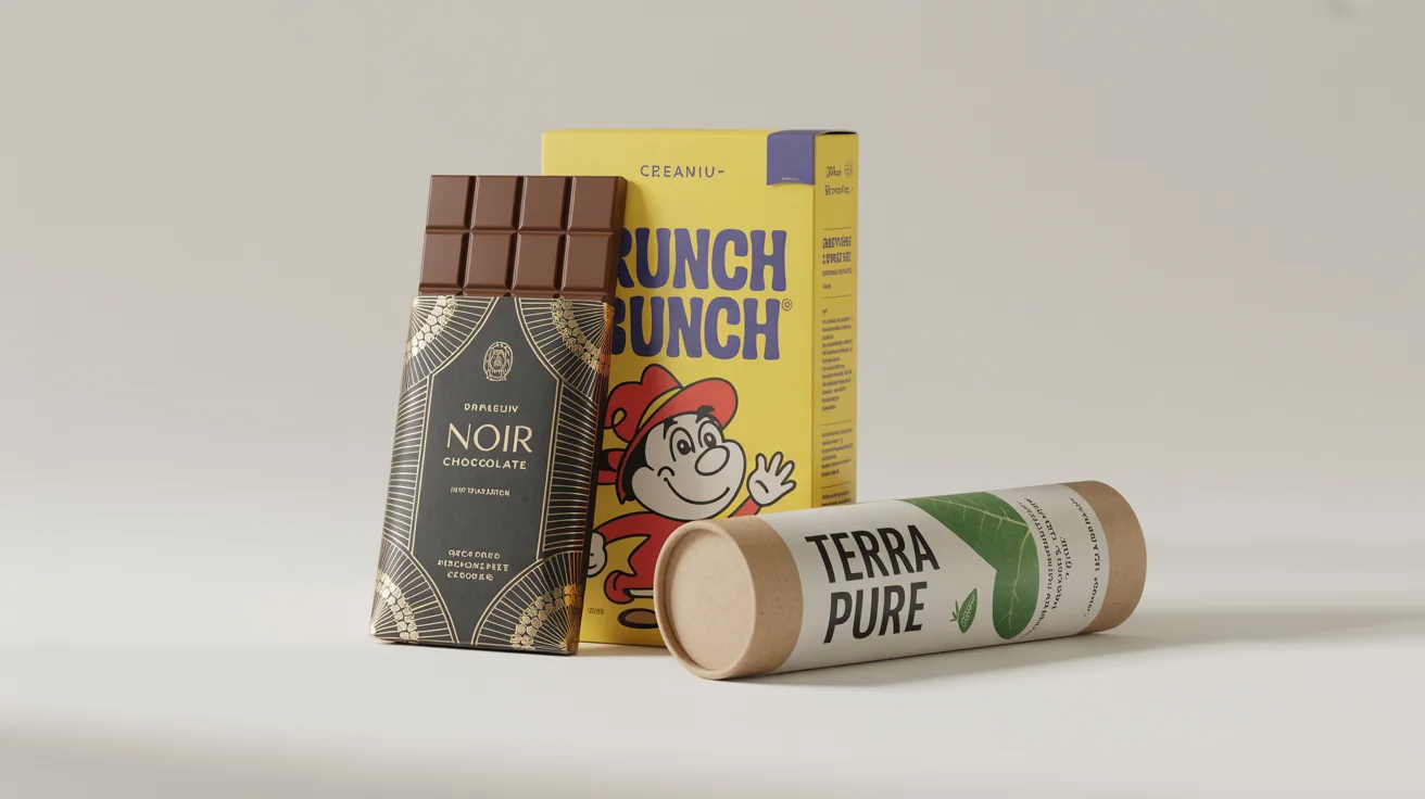 A collection of professionally designed product packages, including a luxury chocolate bar, a colorful cereal box, and a minimalist skincare tube, all displayed on a clean white background.