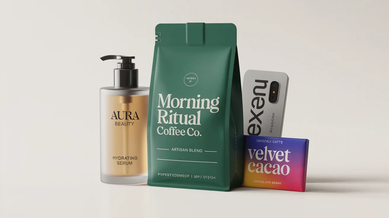 A collection of professionally designed product packaging for coffee, cosmetics, technology, and chocolate, arranged neatly on a solid white background, showcasing modern branding and design.