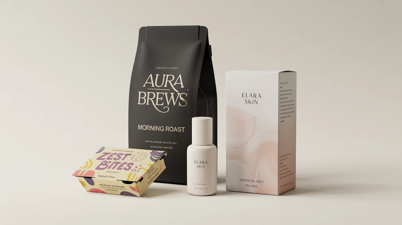 A collection of professionally designed product packages, including a coffee bag for 'Aura Brews', a cosmetic box for 'Elara Skin', and a snack box for 'Zest Bites', arranged on a white background.