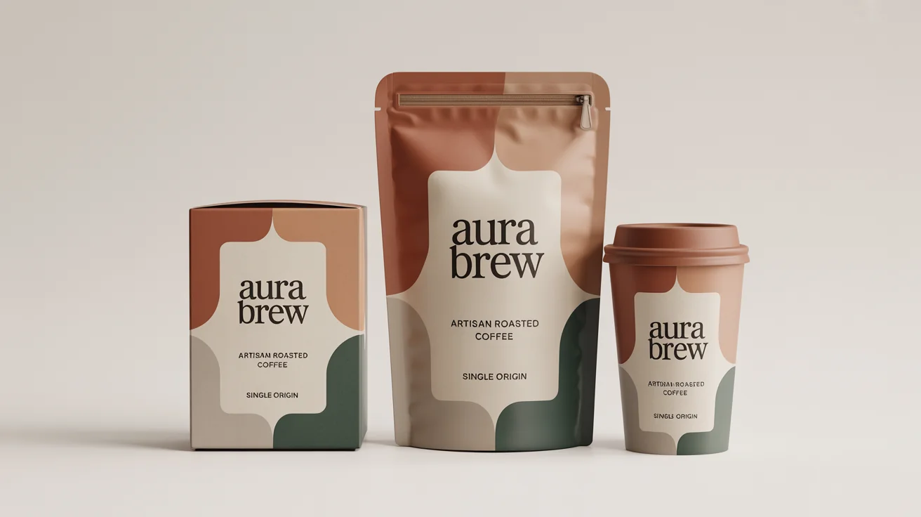 A collection of professionally designed packaging for a fictional coffee brand named 'AURA BREW', including a box, a pouch, and a cup, all displayed against a clean white background.