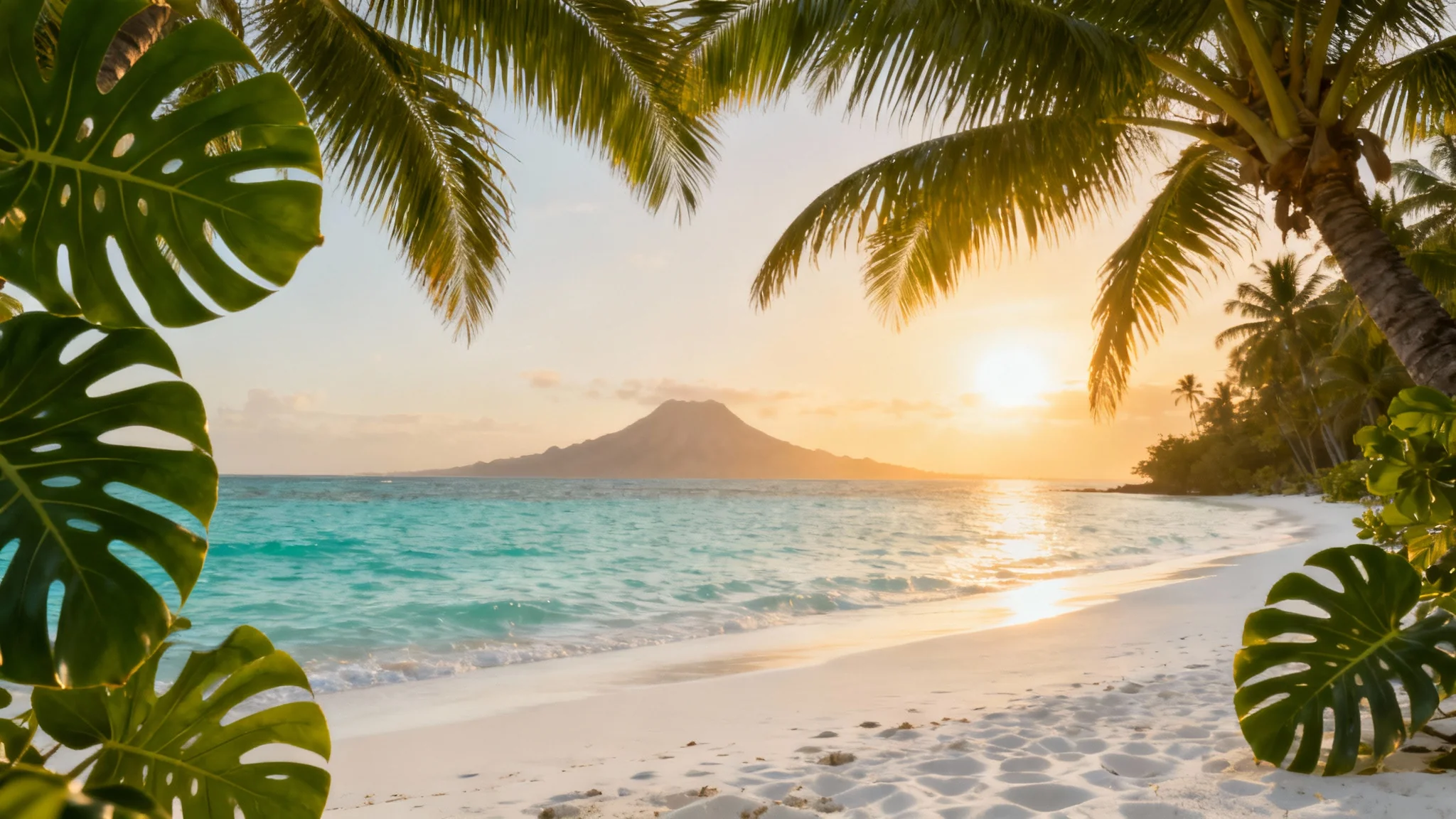 A stunning, photorealistic hero image of a tropical background, featuring a white sand beach, turquoise water, and lush palm trees under a golden sun.