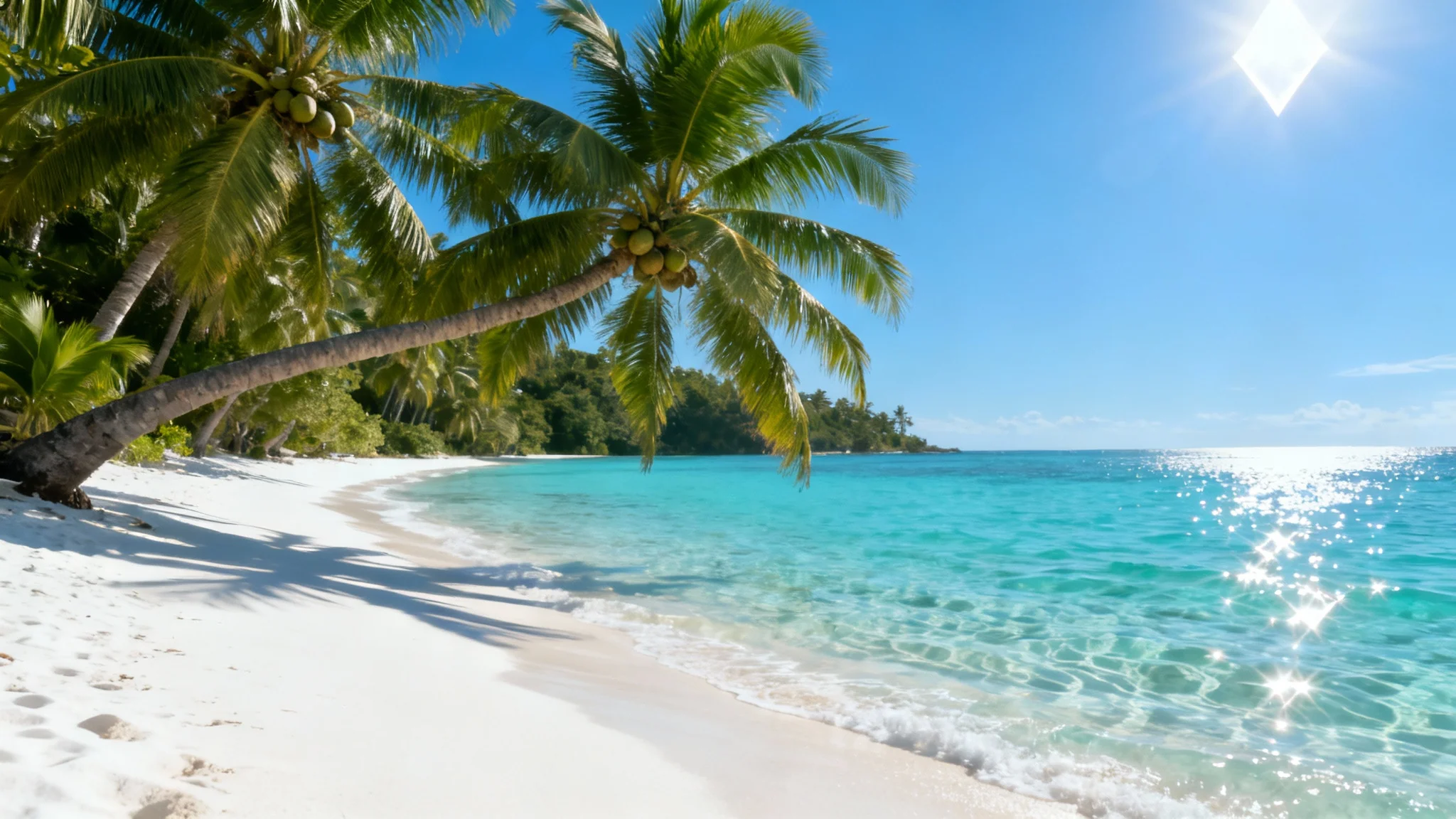 A photorealistic image of a pristine tropical beach with white sand, clear turquoise water, and lush green palm trees under a bright blue sky, presented as a high-quality background.