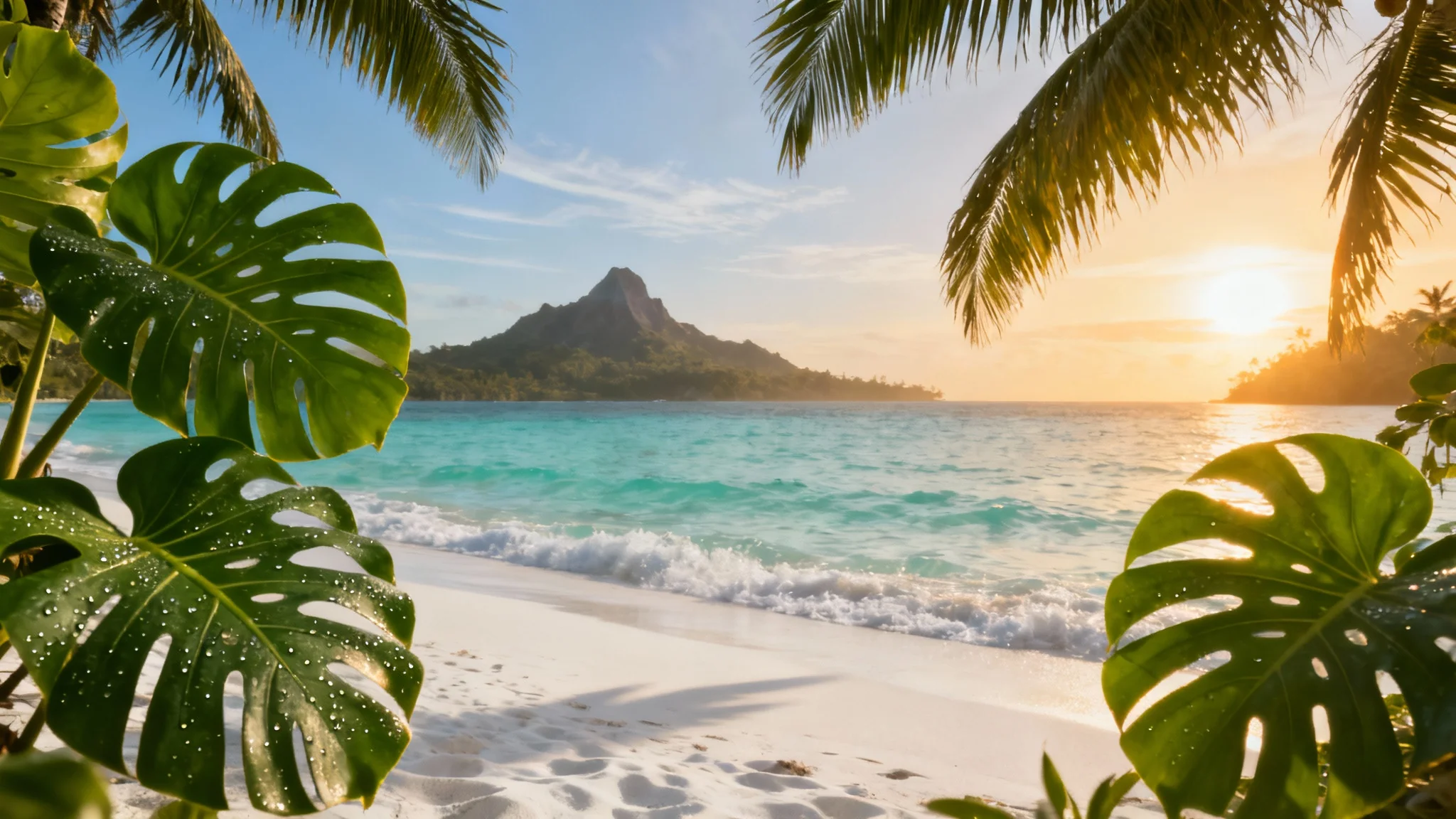 A photorealistic image of a serene tropical beach at sunset, with pristine white sand, clear turquoise water, and lush green palm and monstera leaves framing the view.