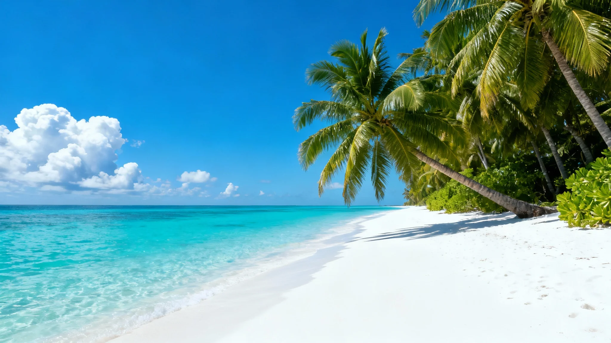 A photorealistic image of a serene tropical beach, featuring white sand, turquoise water, and lush palm trees under a sunny blue sky, presented on a white background.