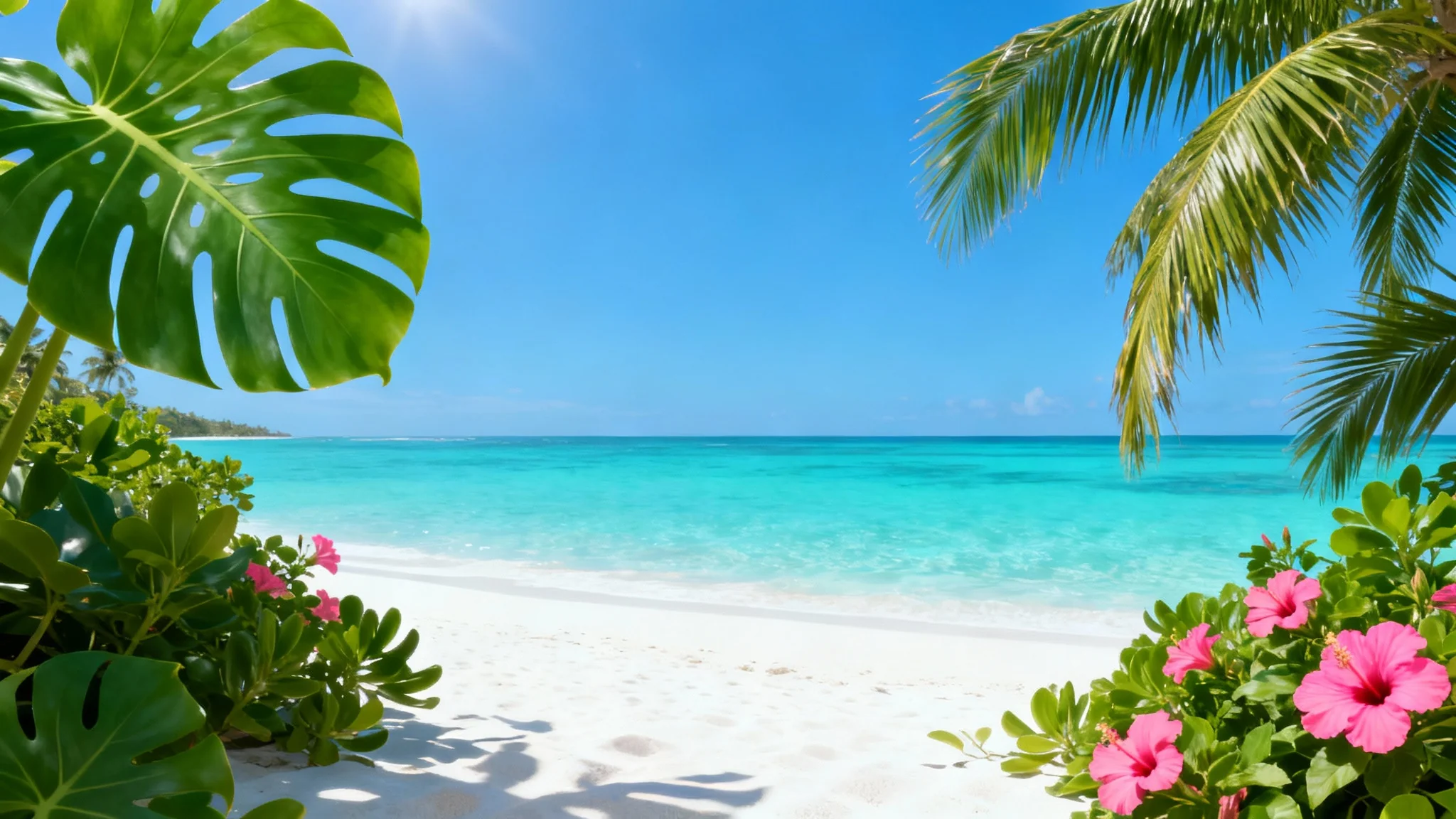 A digital illustration of a tropical beach scene with white sand, turquoise water, and lush green foliage, presented as a mockup on a white background.