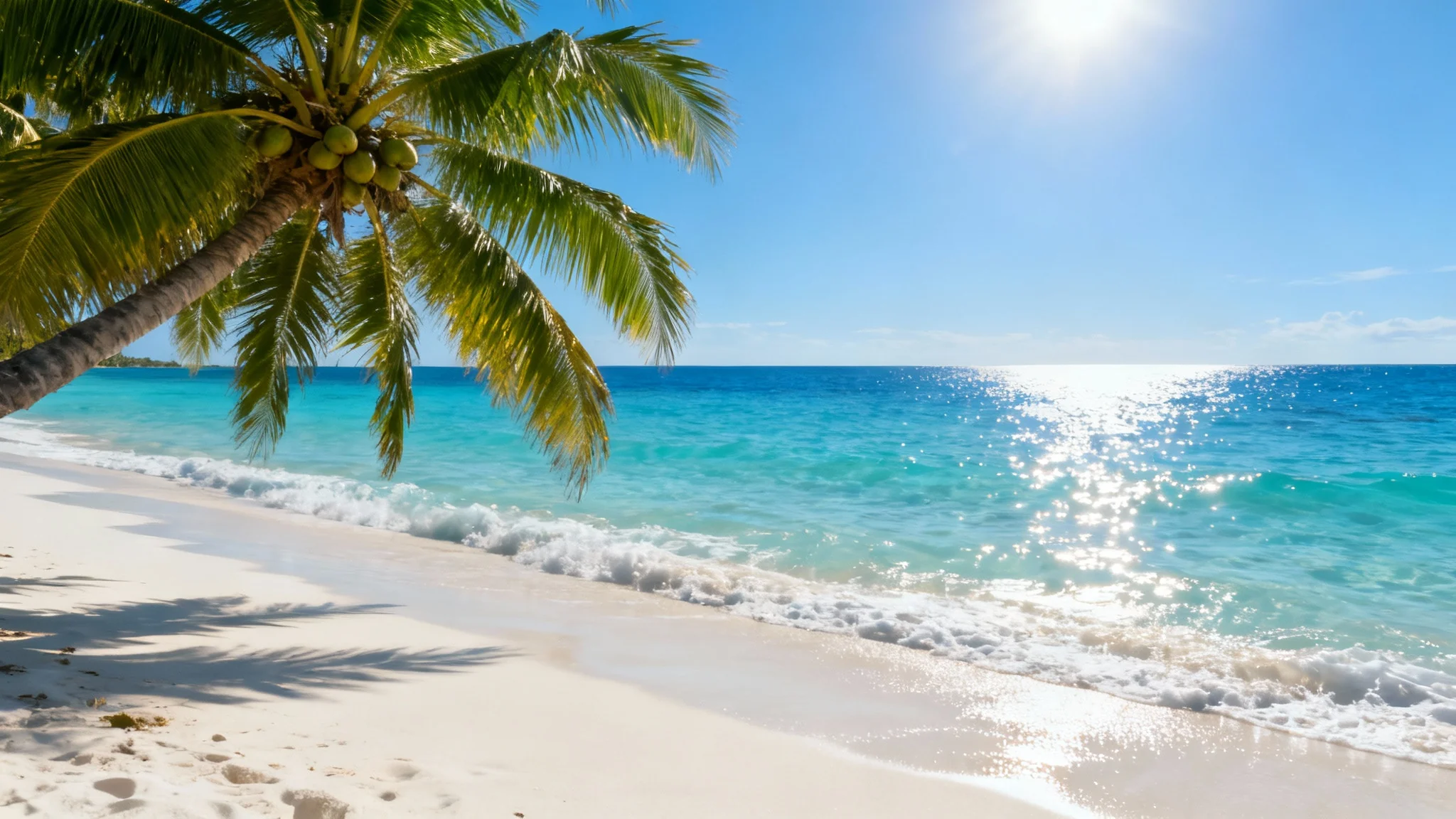 A photorealistic image of a deserted tropical beach, featuring white sand, clear turquoise water, and a leaning palm tree under a bright blue sky.