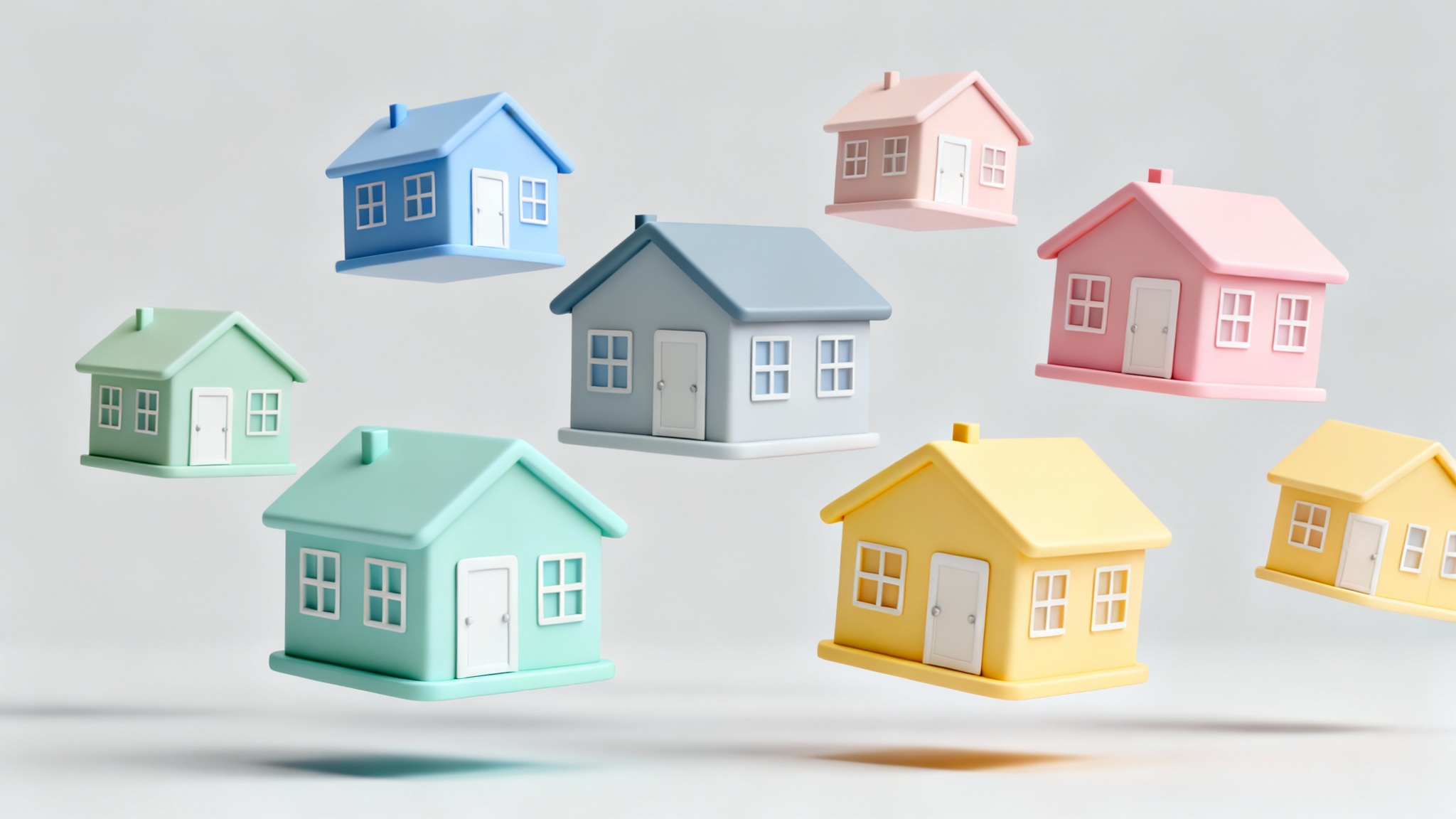 A colorful collection of modern, stylized 3D home icons in soft pastel shades, floating against a light gray background in a dynamic hero image.