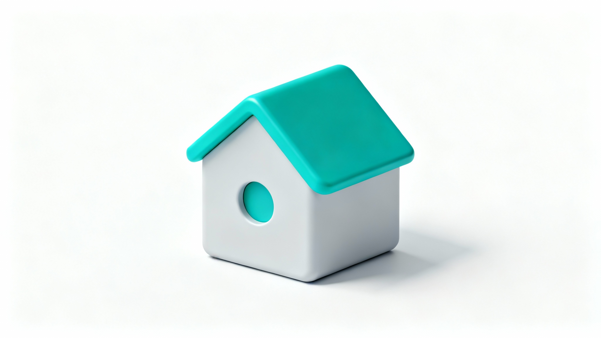 A modern, minimalist 3D home icon with light grey walls and a teal roof, viewed isometrically on a clean white background.