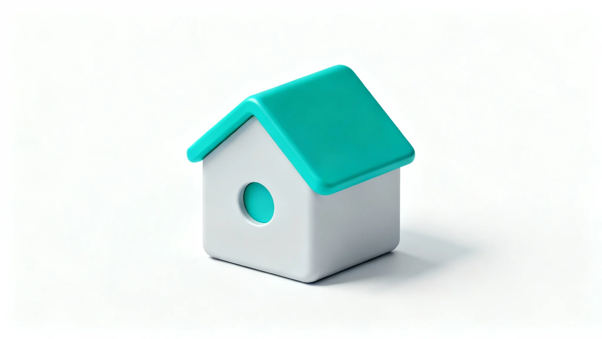 A modern, minimalist 3D home icon with light grey walls and a teal roof, viewed isometrically on a clean white background.