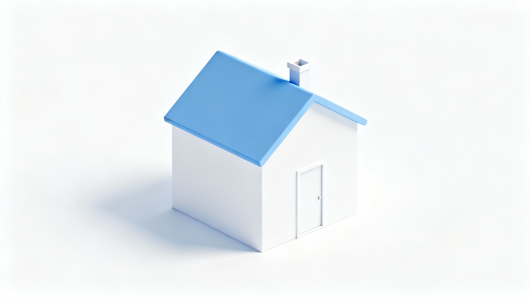 A 3D rendering of a minimalist home icon with a blue roof and white walls, presented isometrically on a plain white background.