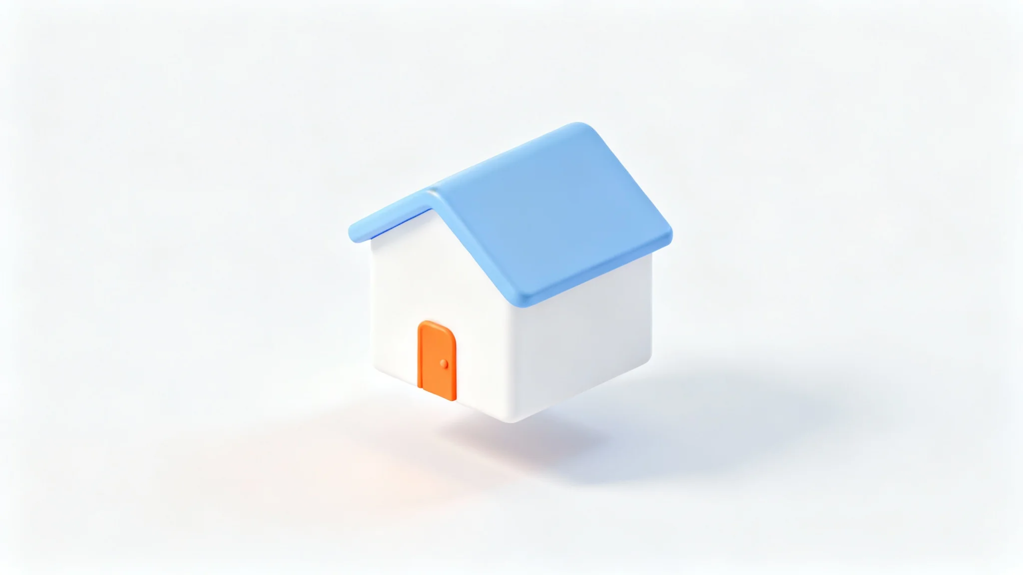 A minimalist 3D rendering of a home icon with a white body, blue roof, and orange door, presented in an isometric view against a plain white background.