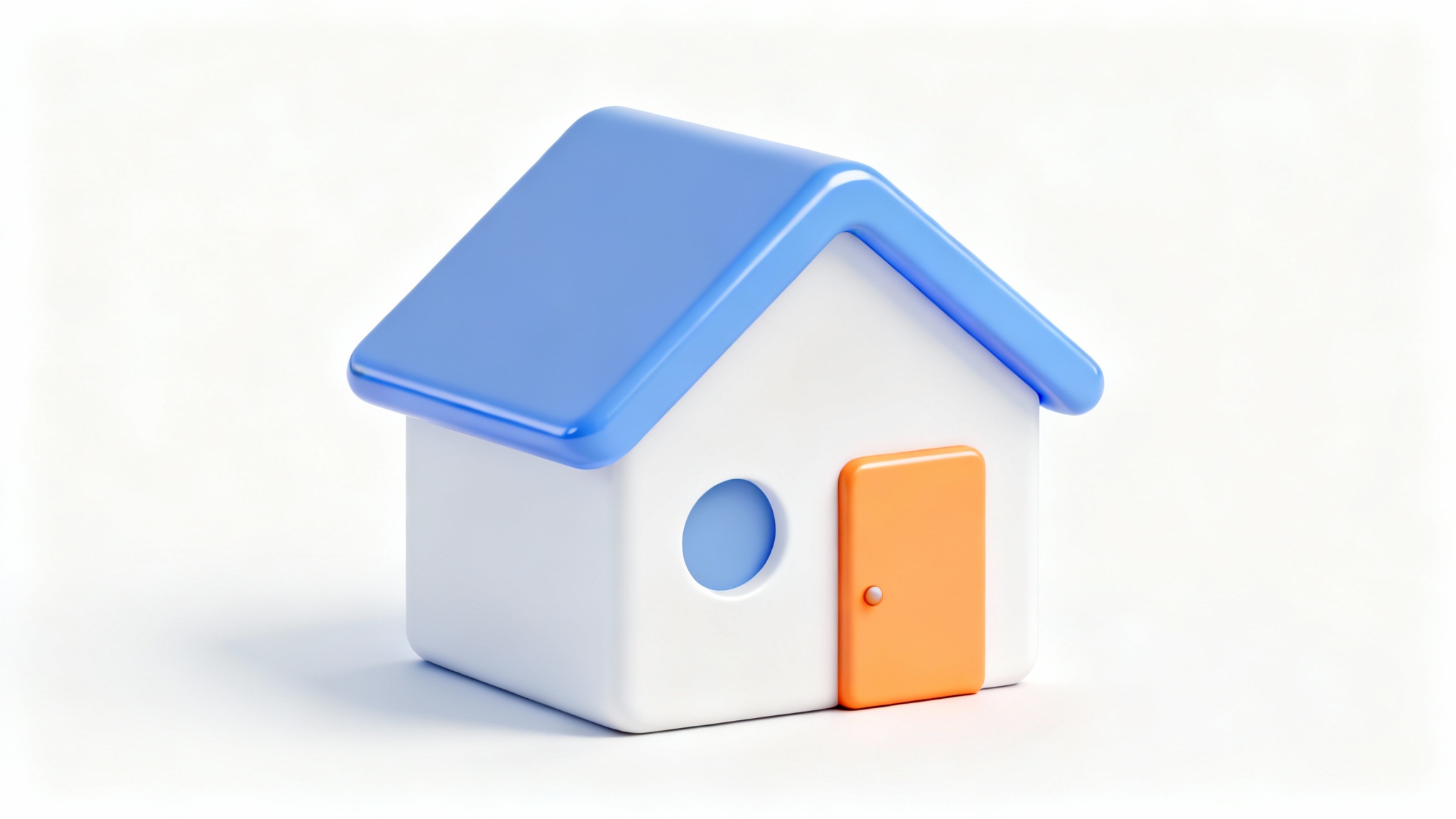 A modern 3D rendering of a minimalist house icon in blue and white, with an orange door, shown in an isometric view against a solid white background.