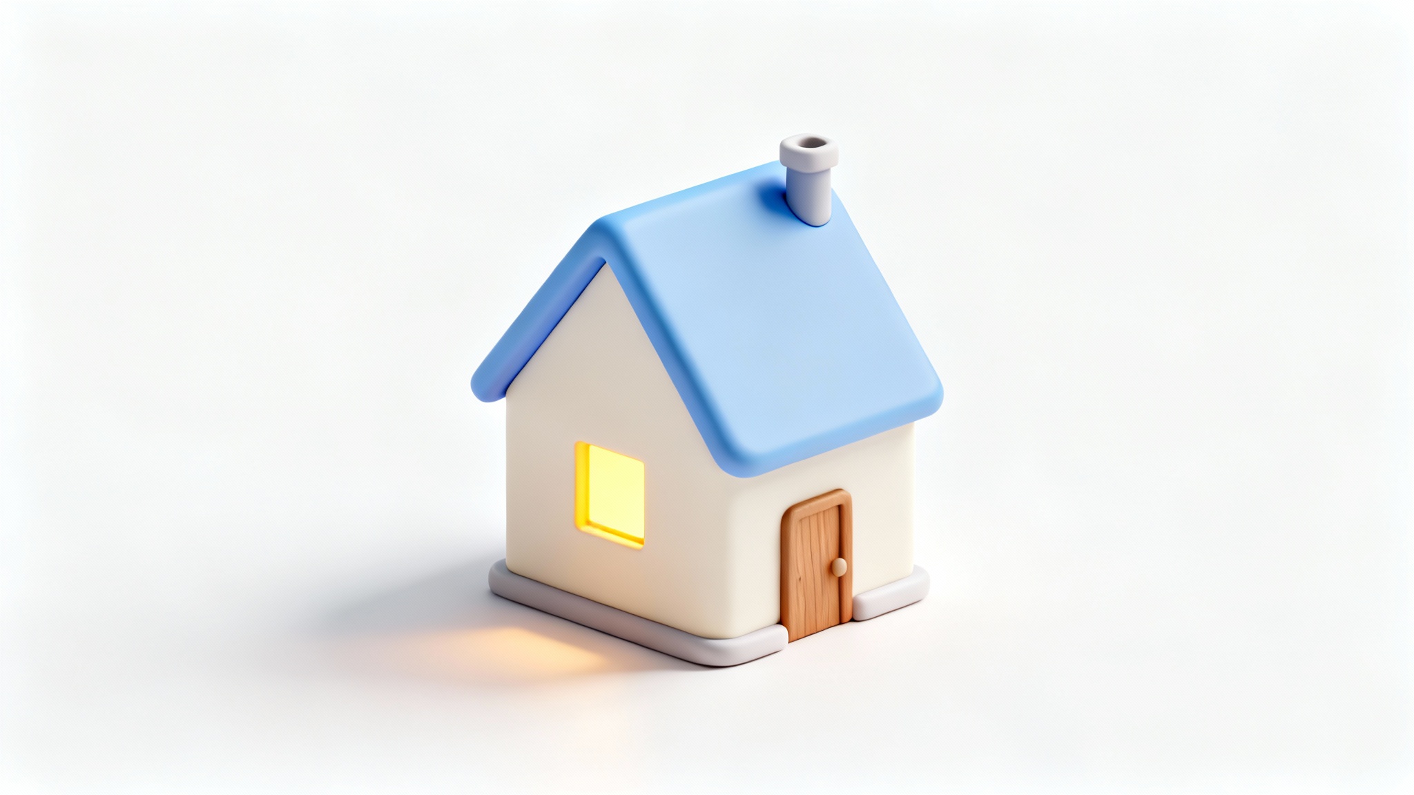 A minimalist 3D rendering of a small house icon with a blue roof and a glowing window, displayed against a clean white background.
