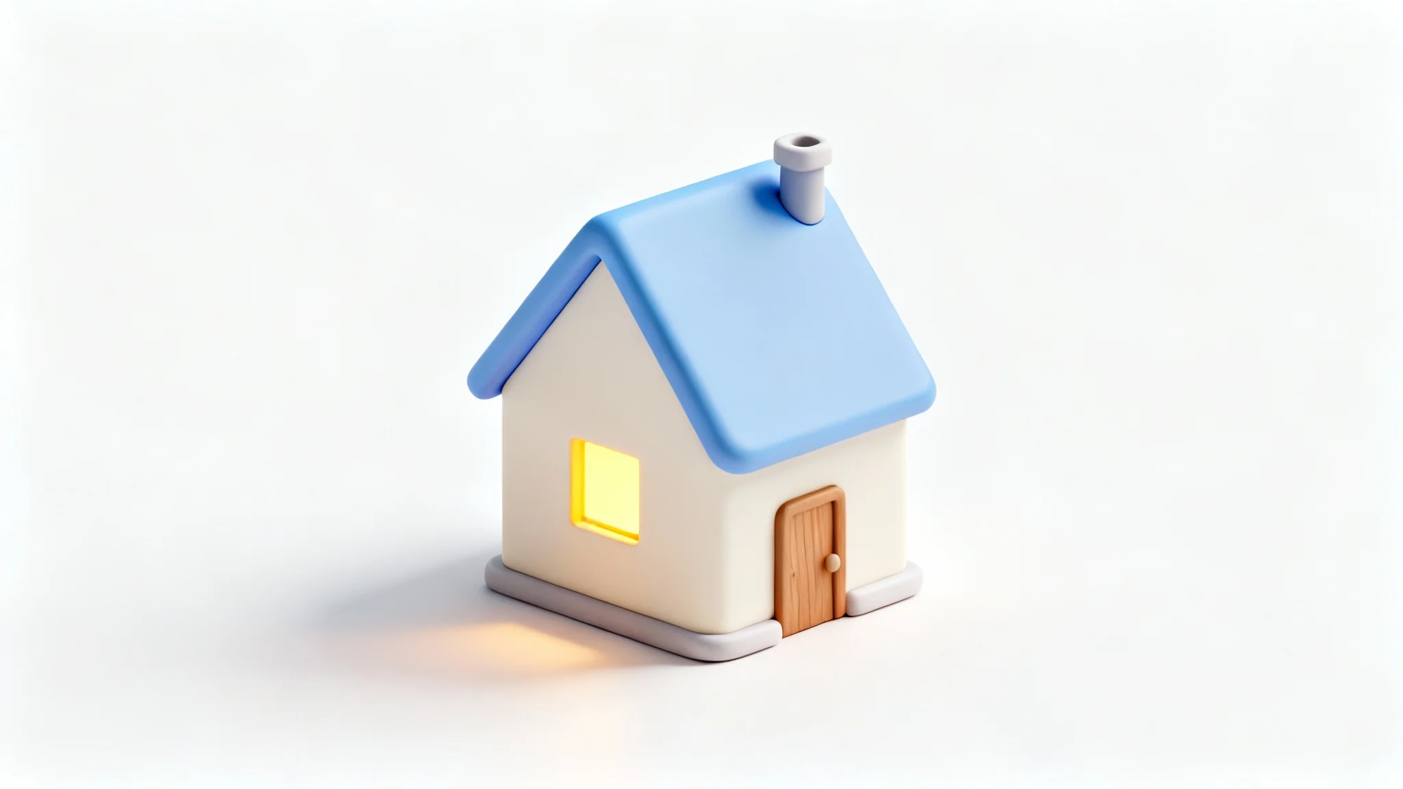 A minimalist 3D rendering of a small house icon with a blue roof and a glowing window, displayed against a clean white background.