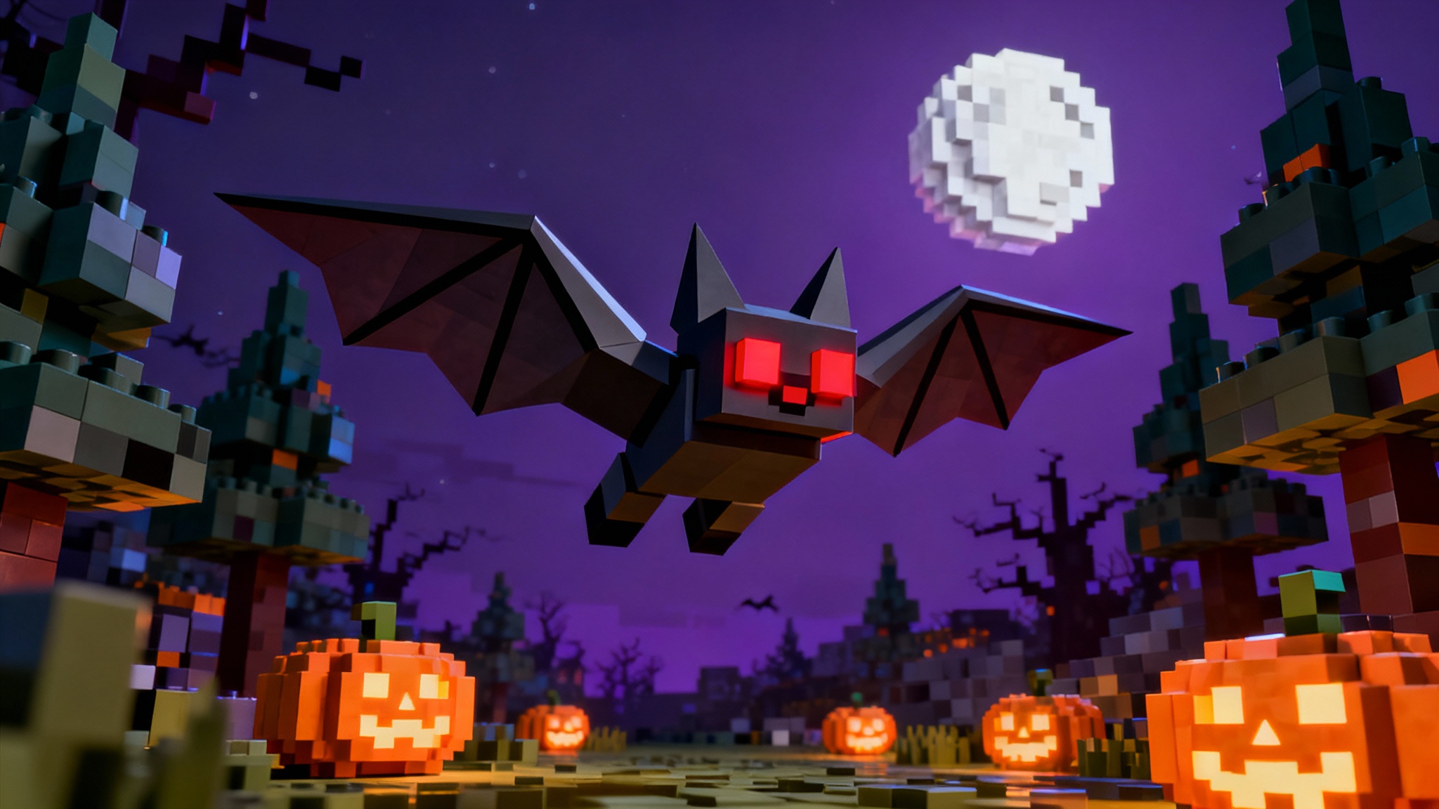 A high-quality Roblox game screenshot showing a custom-made, blocky bat model with glowing red eyes flying through a vibrant, Halloween-themed world at night.