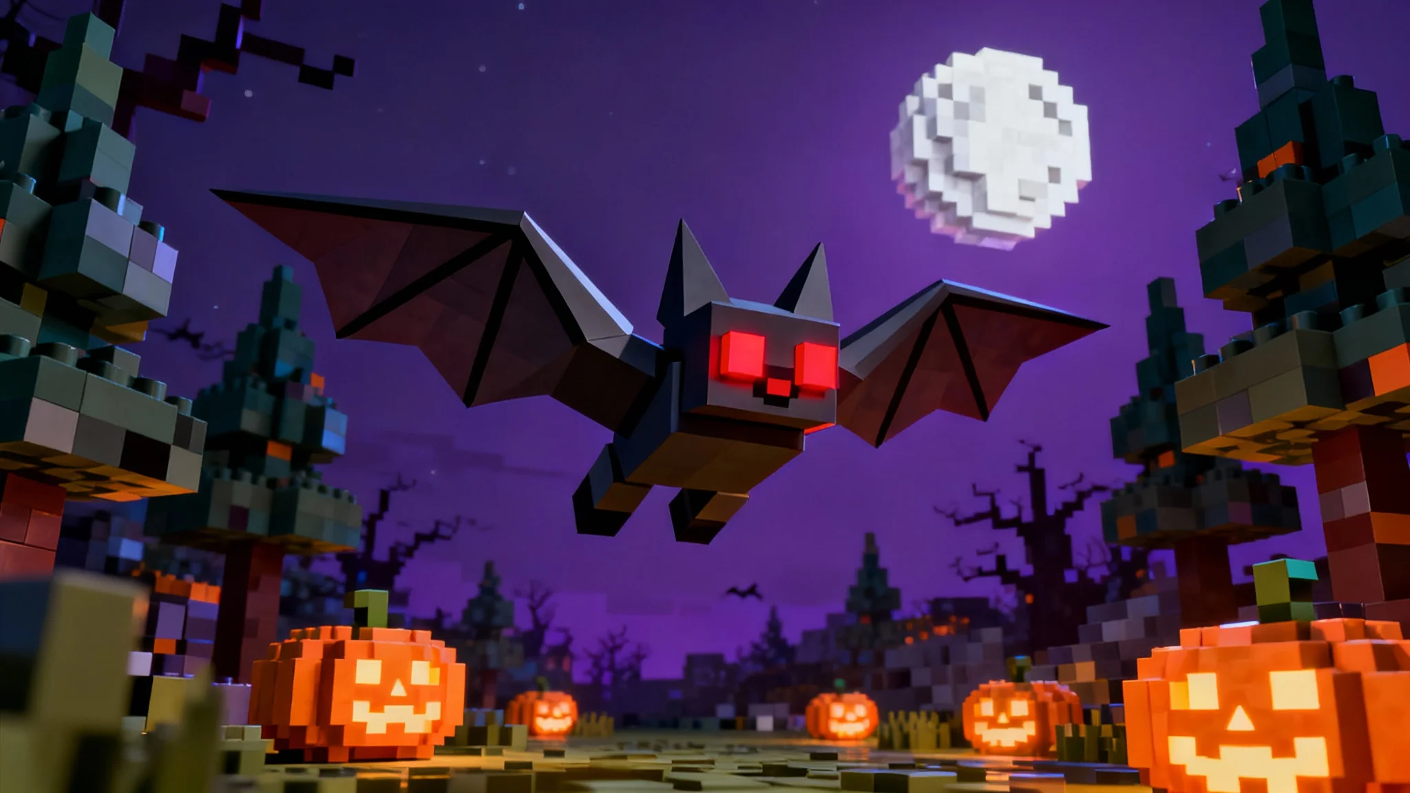 A high-quality Roblox game screenshot showing a custom-made, blocky bat model with glowing red eyes flying through a vibrant, Halloween-themed world at night.
