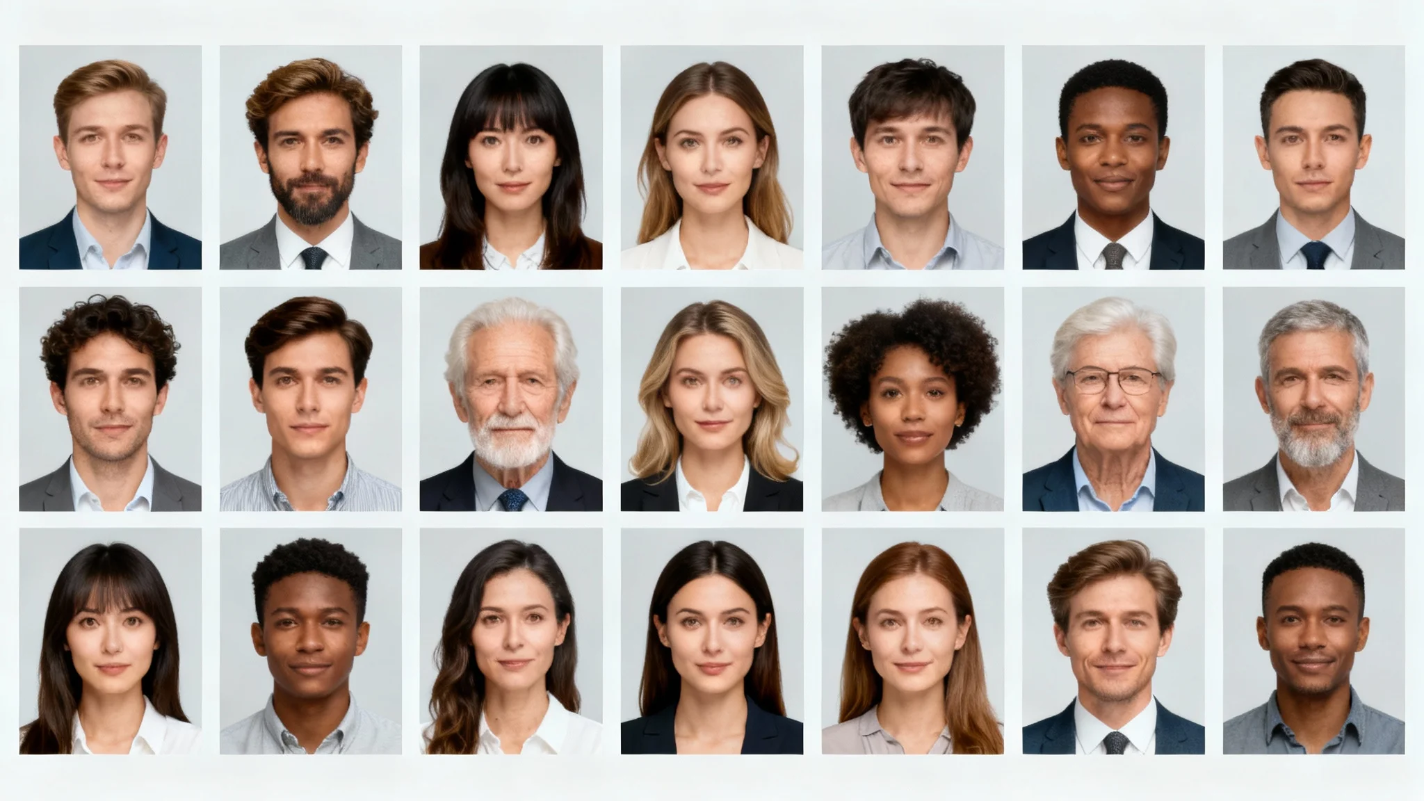A gallery of perfect, professional ID photos for a diverse group of people, all with a uniform light gray background, demonstrating the final output of an ID photo tool.