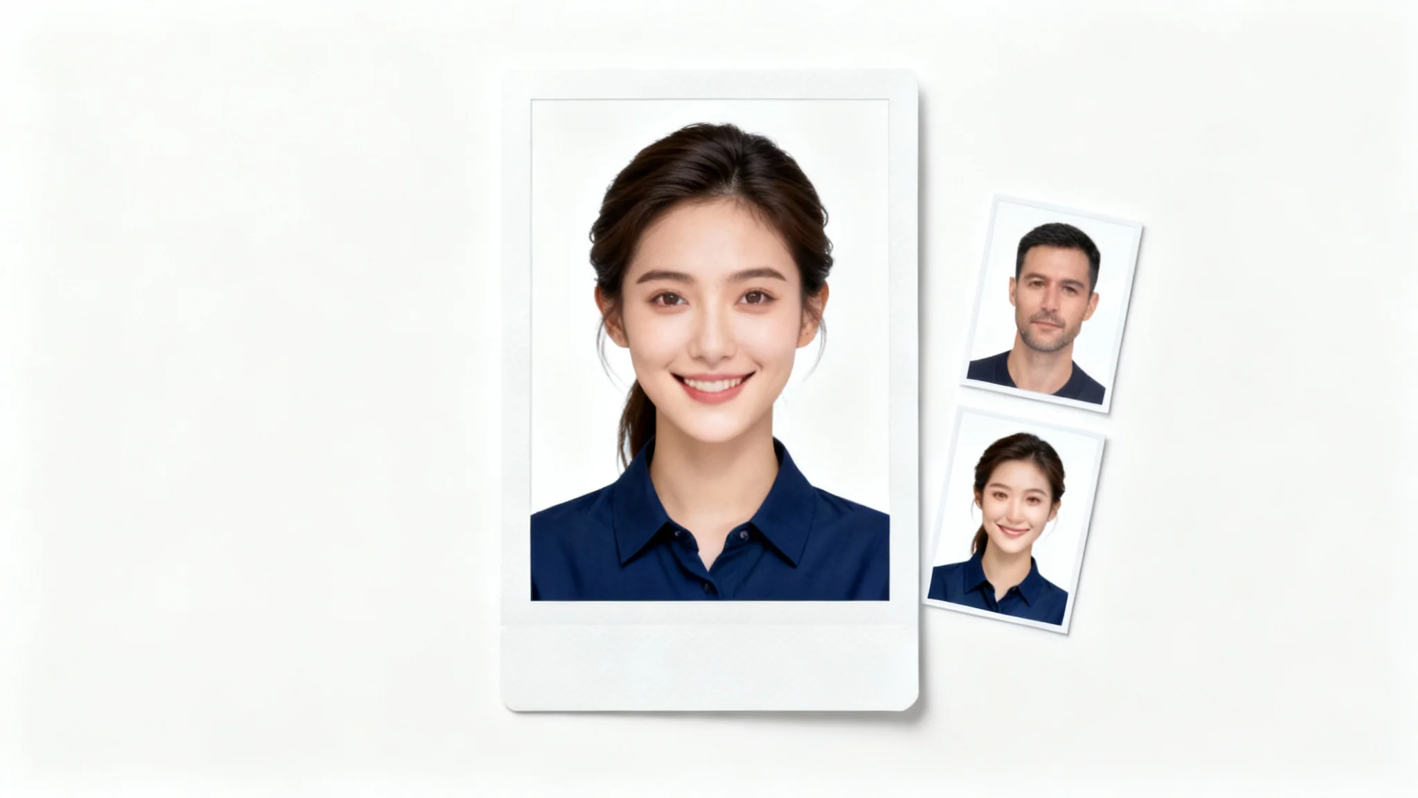 A collection of professional, photorealistic ID photos of a man and a woman, arranged neatly against a clean white background.