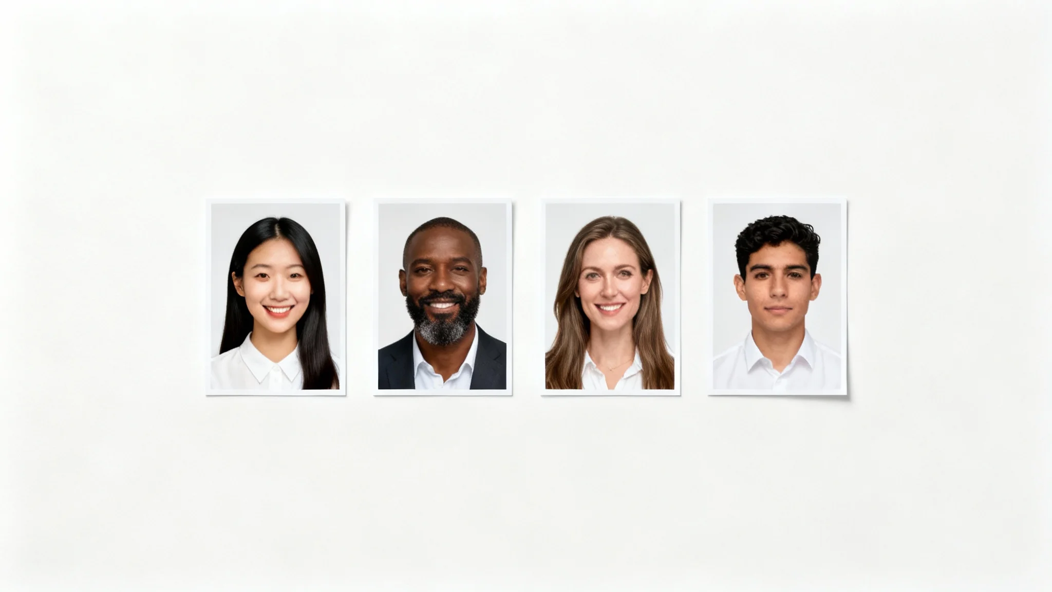 A grid of four professional ID photos showcasing a diverse group of people, illustrating a high-quality ID photo service.