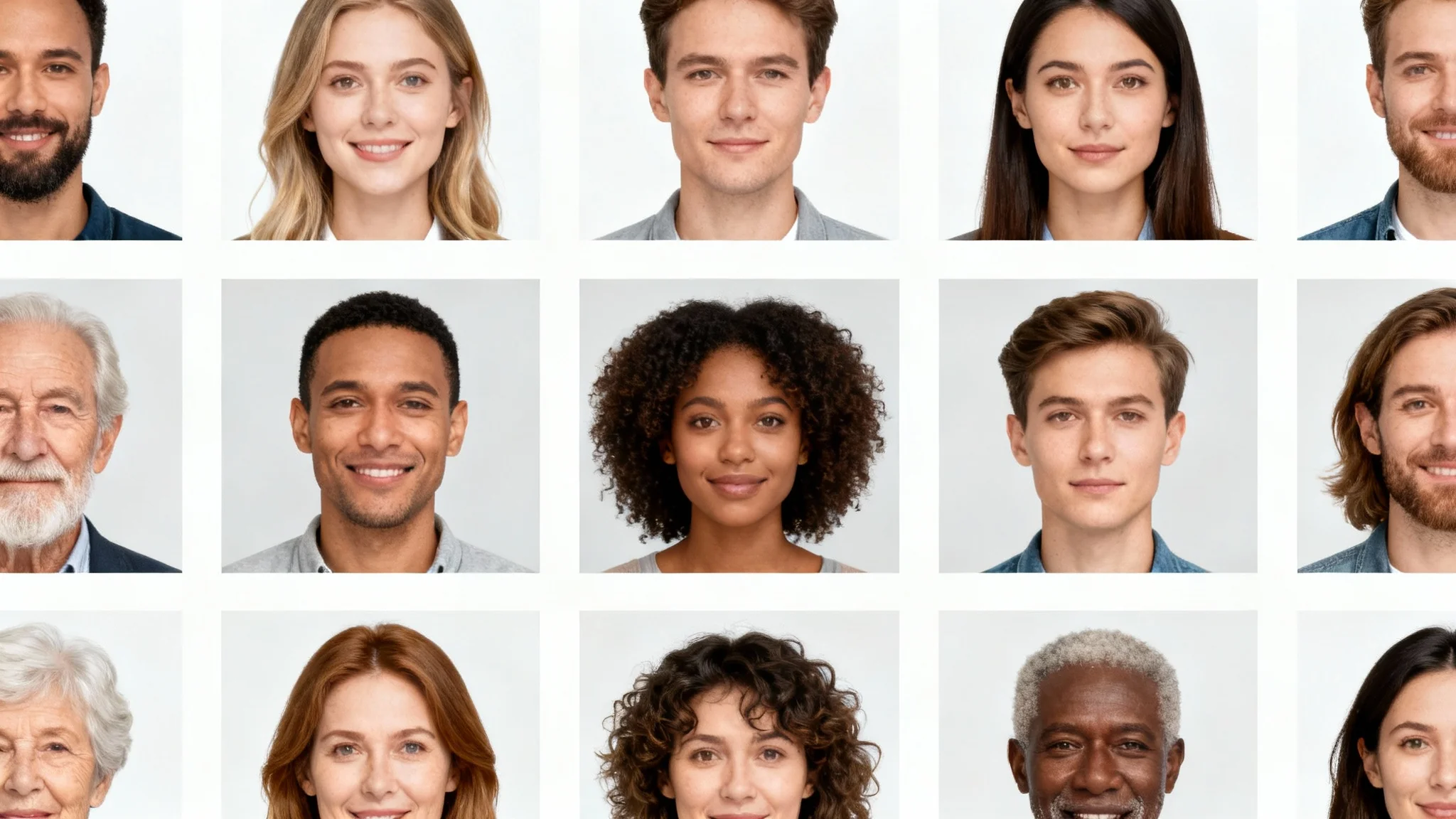 A collection of sample ID photos showing diverse individuals, demonstrating a professional photo service.