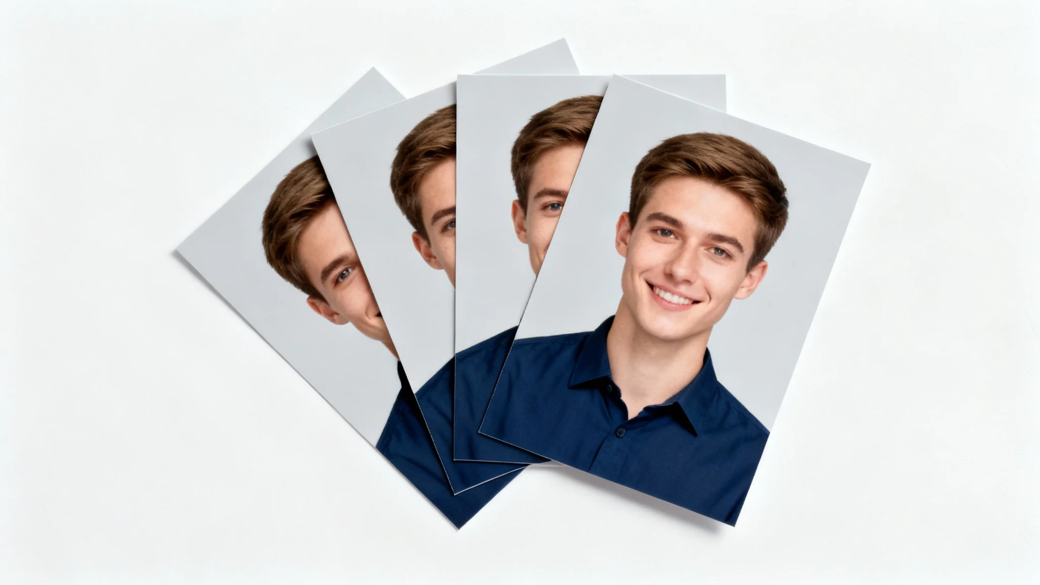 A mockup of four professionally taken ID photos of a man, arranged in a slight fan on a clean white surface.