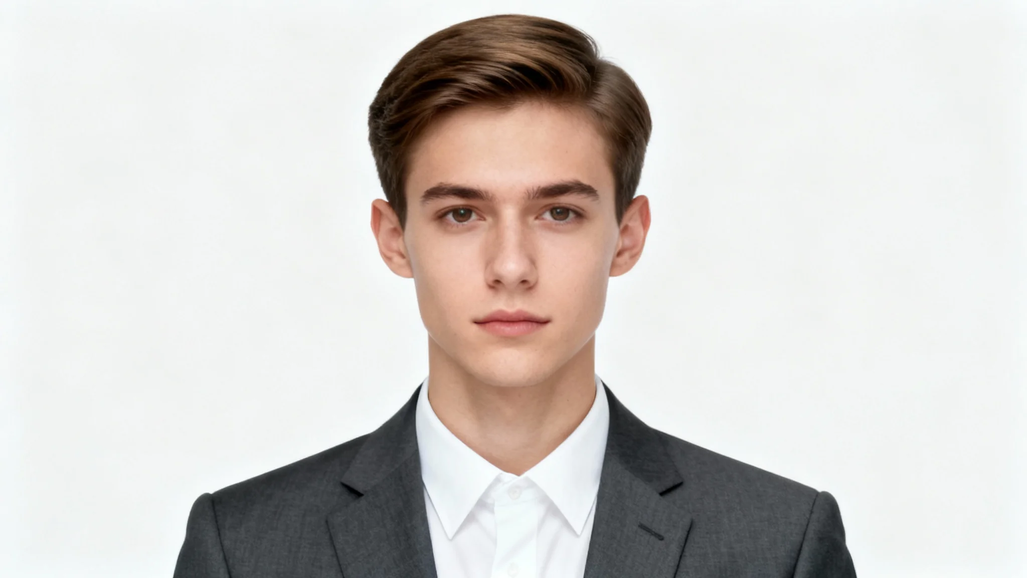A professional ID photo mockup of a man in a suit with a neutral expression against a plain, off-white background.
