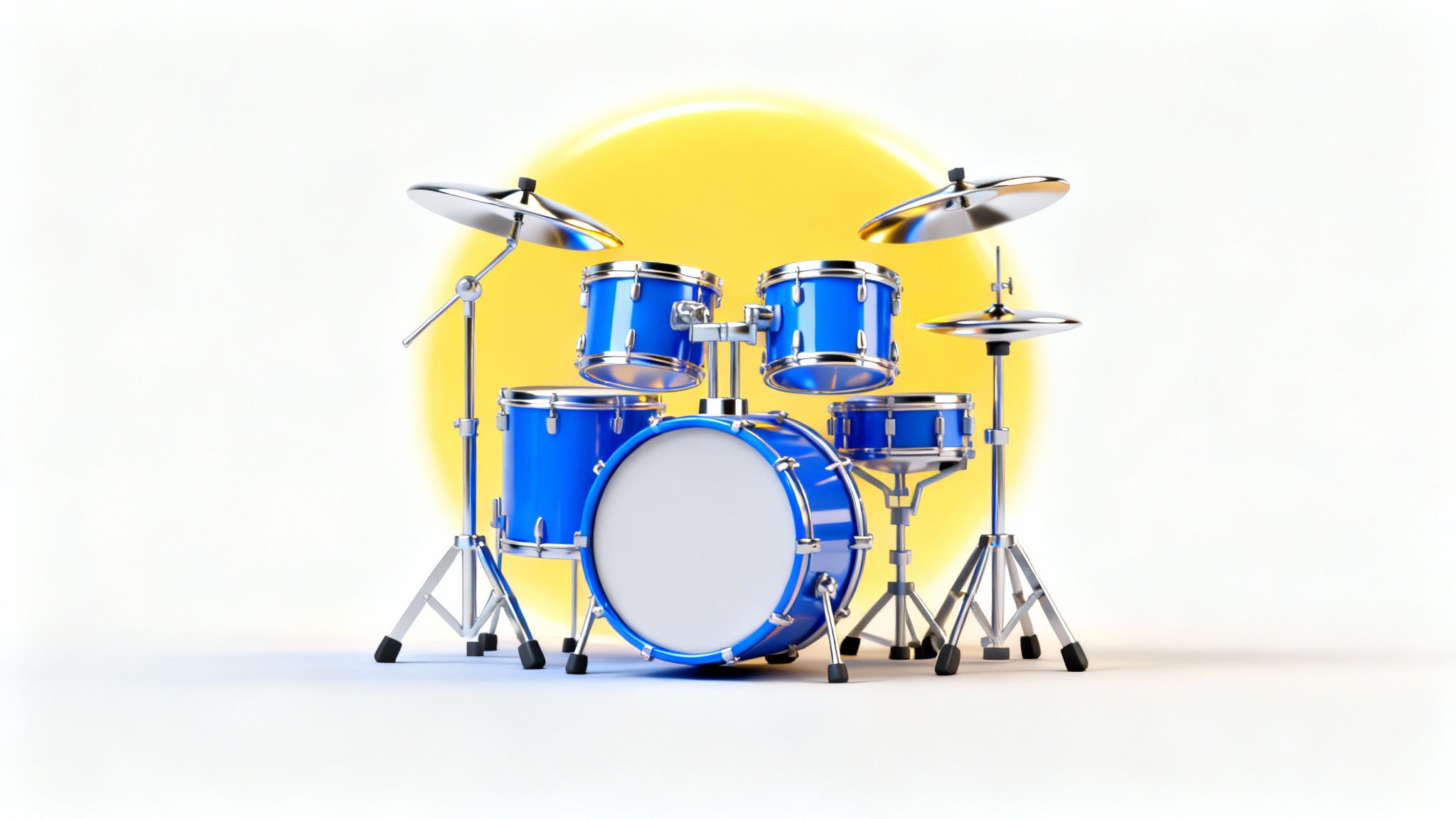 A modern, 3D rendered icon of a blue drum set with chrome cymbals, set against a white background with a yellow circular glow.