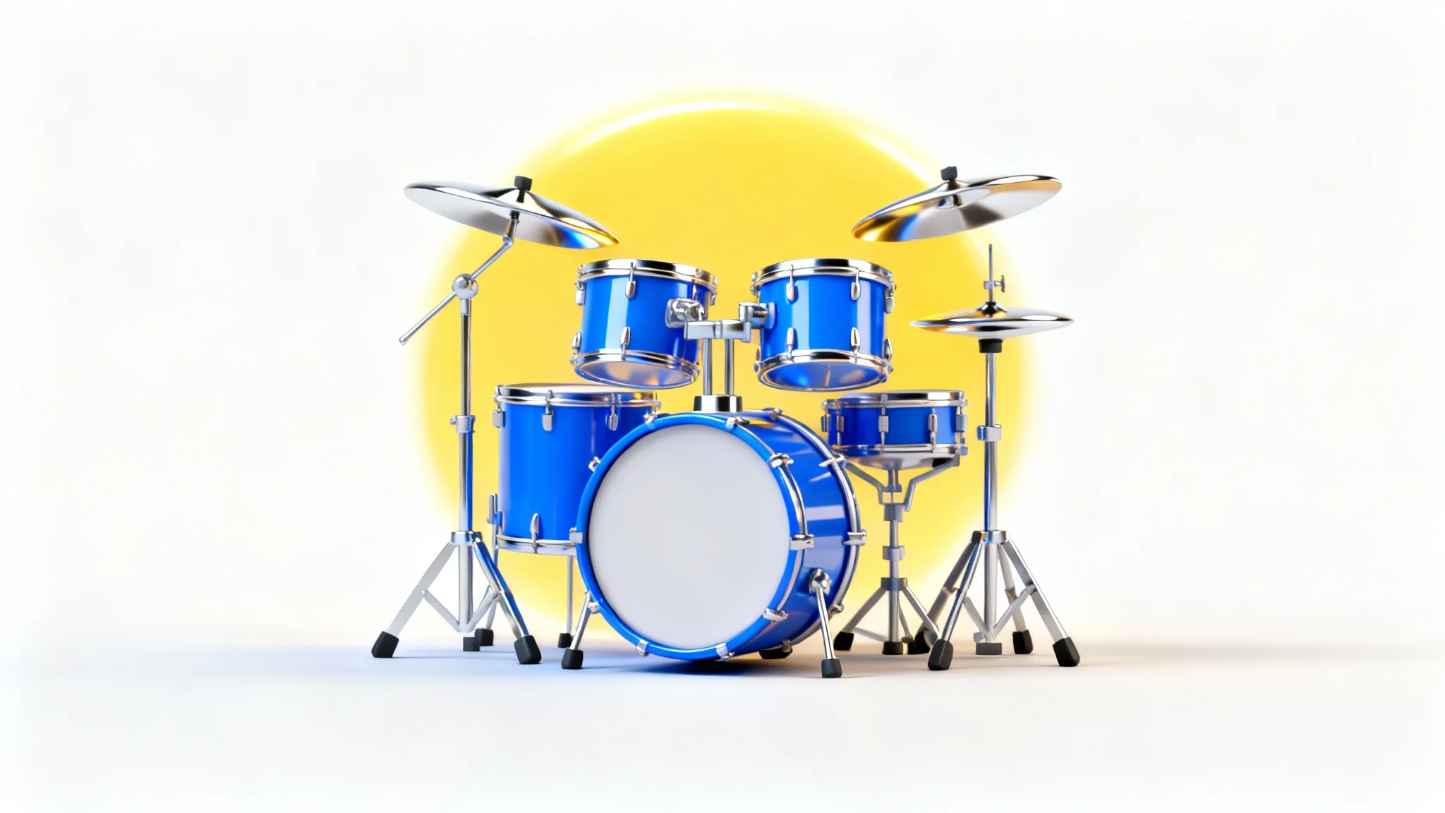 A modern, 3D rendered icon of a blue drum set with chrome cymbals, set against a white background with a yellow circular glow.