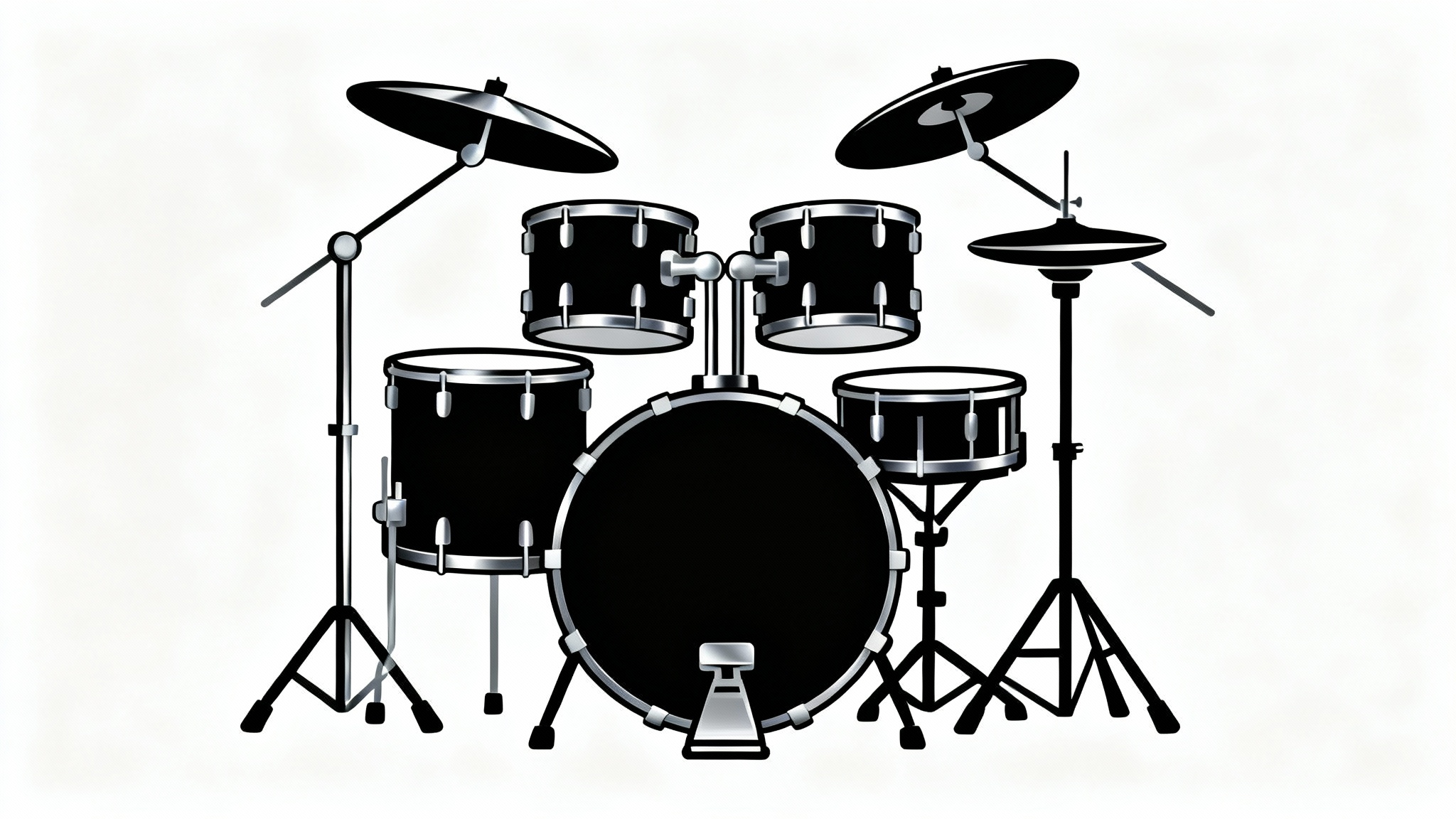 A modern, minimalist icon of a five-piece drum set in black and silver, presented on a clean white background.