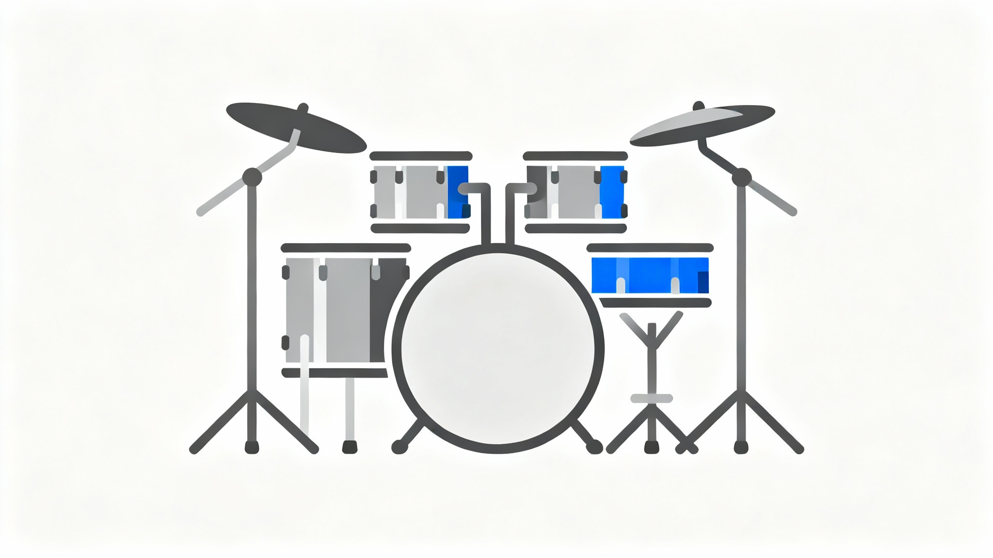 A modern, minimalist icon of a drum set in shades of gray and blue, displayed on a clean white background.