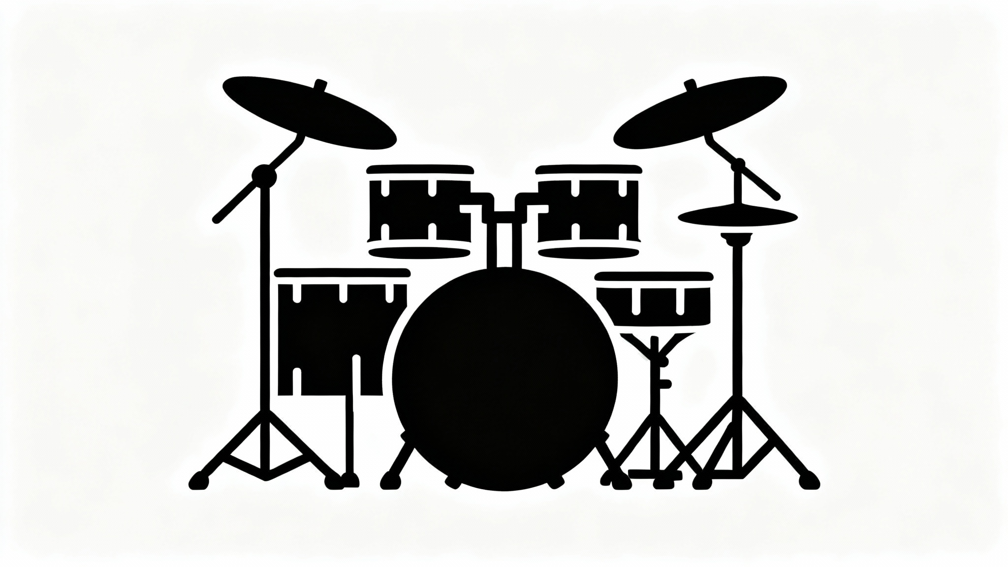 A clean, modern, black-and-white icon of a full drum set against a solid white background.