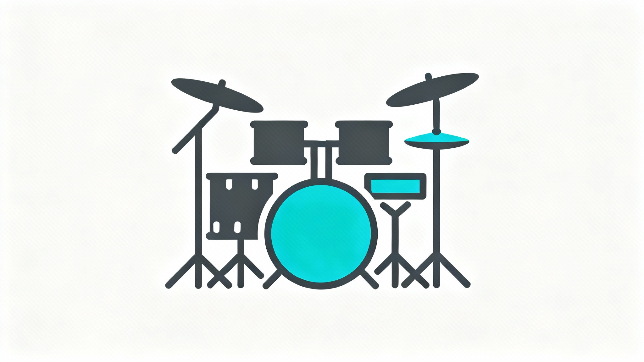A modern, minimalist icon of a drum set in slate gray and cyan, presented in a flat vector style against a clean white background.