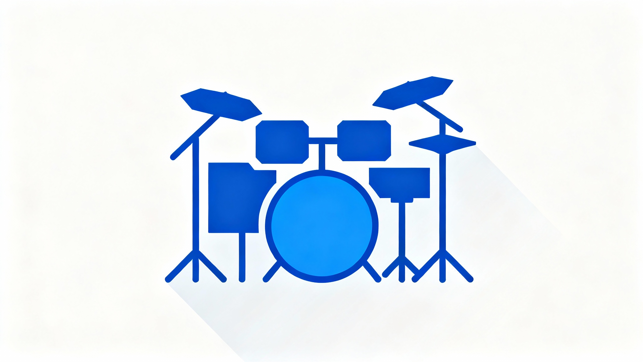 A modern, minimalist blue icon of a drum set on a white background, representing a drum set icon.