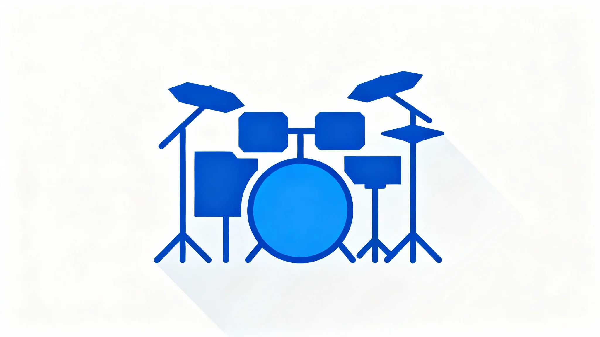 A modern, minimalist blue icon of a drum set on a white background, representing a drum set icon.