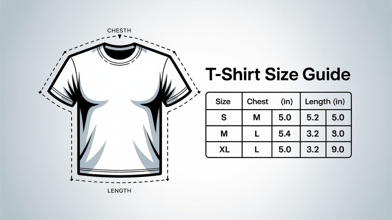 A modern, minimalist size guide for a t-shirt, featuring a line art diagram and a chart with measurements for sizes small through extra-large.