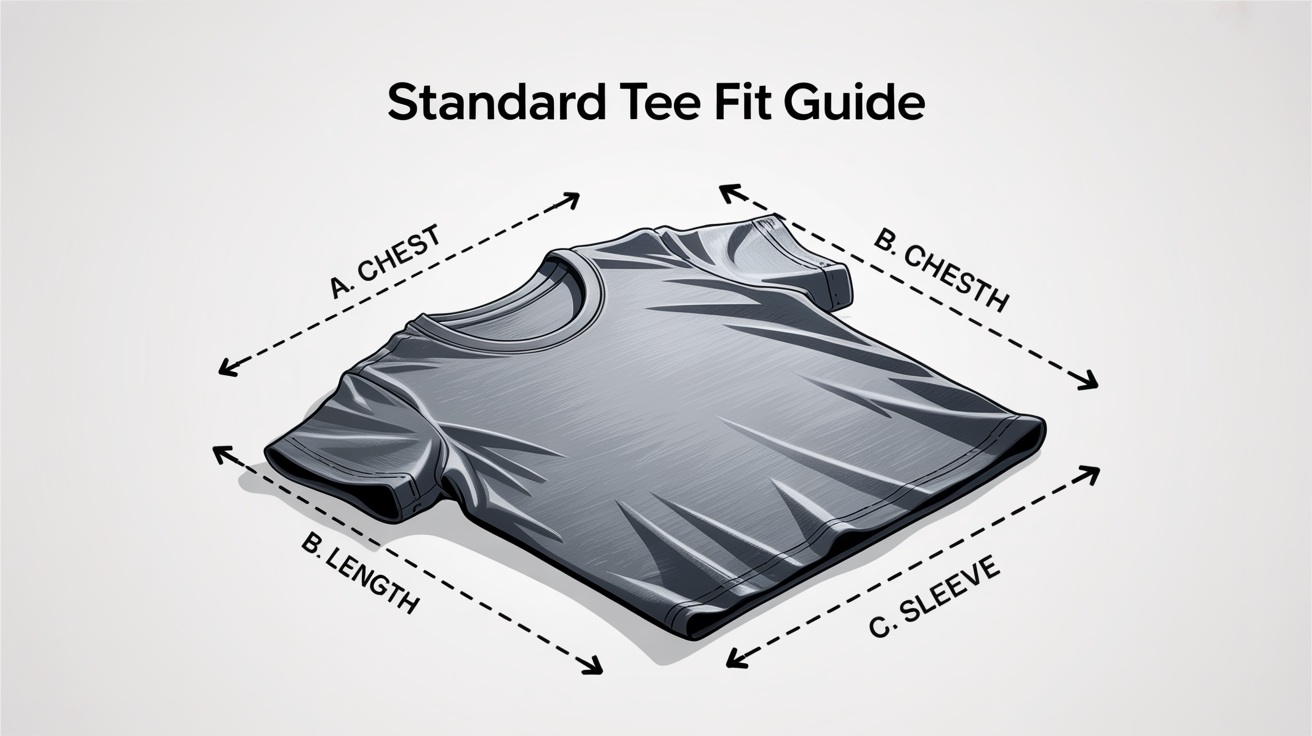 A clean, minimalist size guide for a t-shirt. It shows a flat lay grey t-shirt with dashed lines indicating measurements for the chest, length, and sleeve, labeled A, B, and C respectively.