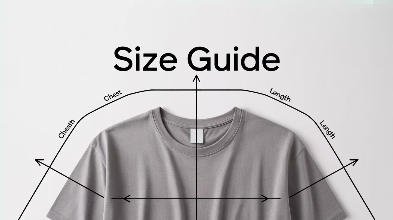 A t-shirt size guide infographic showing a flat-lay t-shirt on a white background with measurement lines for the chest and length.