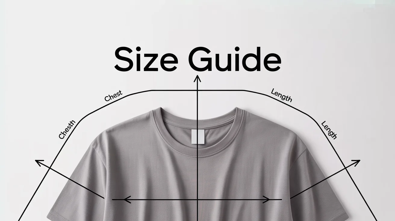 A t-shirt size guide infographic showing a flat-lay t-shirt on a white background with measurement lines for the chest and length.