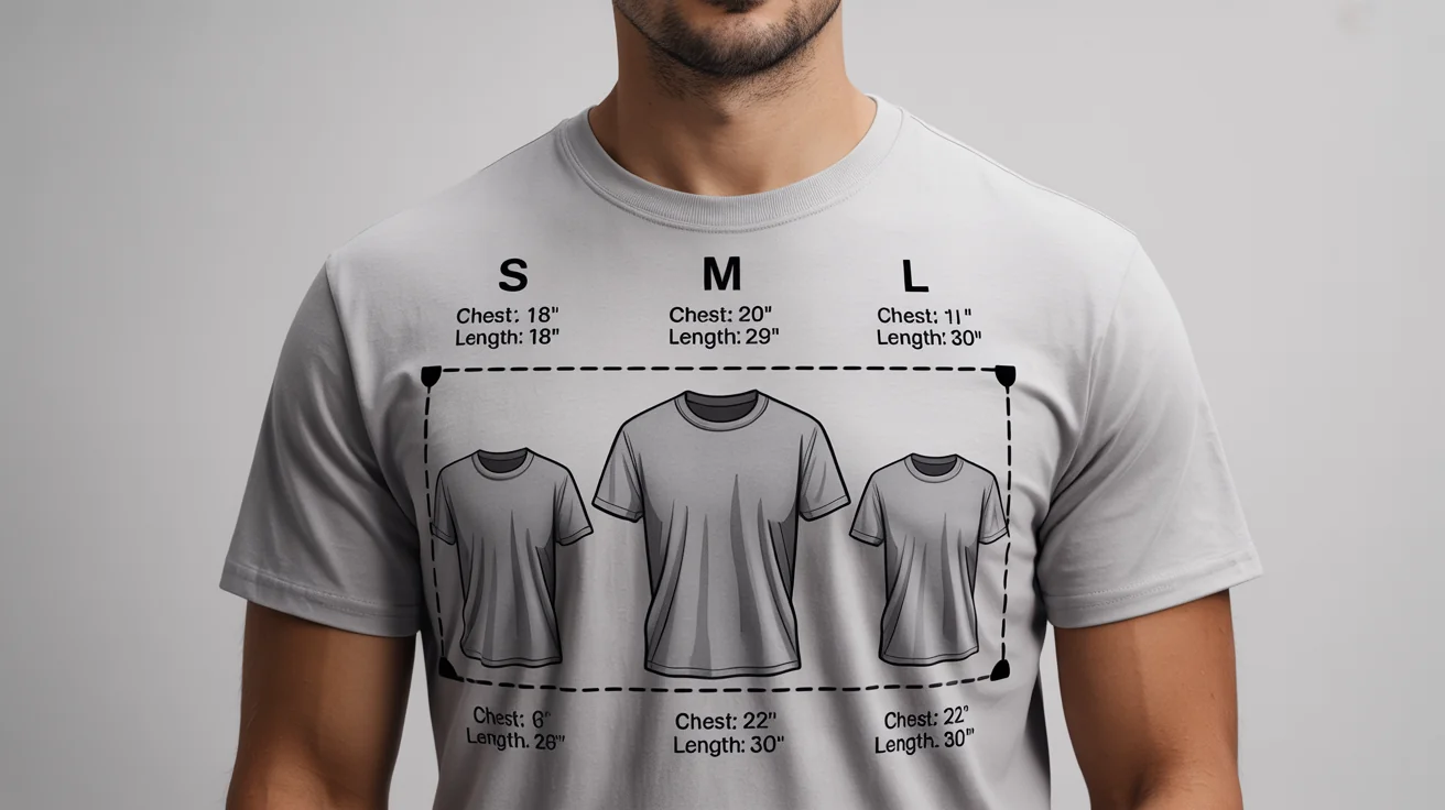A size guide image showing three different t-shirt sizes (S, M, L) with corresponding chest and length measurements displayed below each shirt.