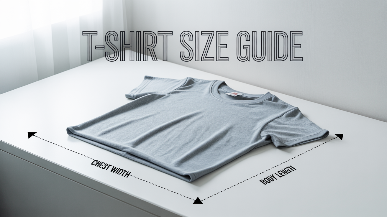 An illustrative size guide for a t-shirt, showing key measurement points for chest width and body length on a simple graphic of a shirt.