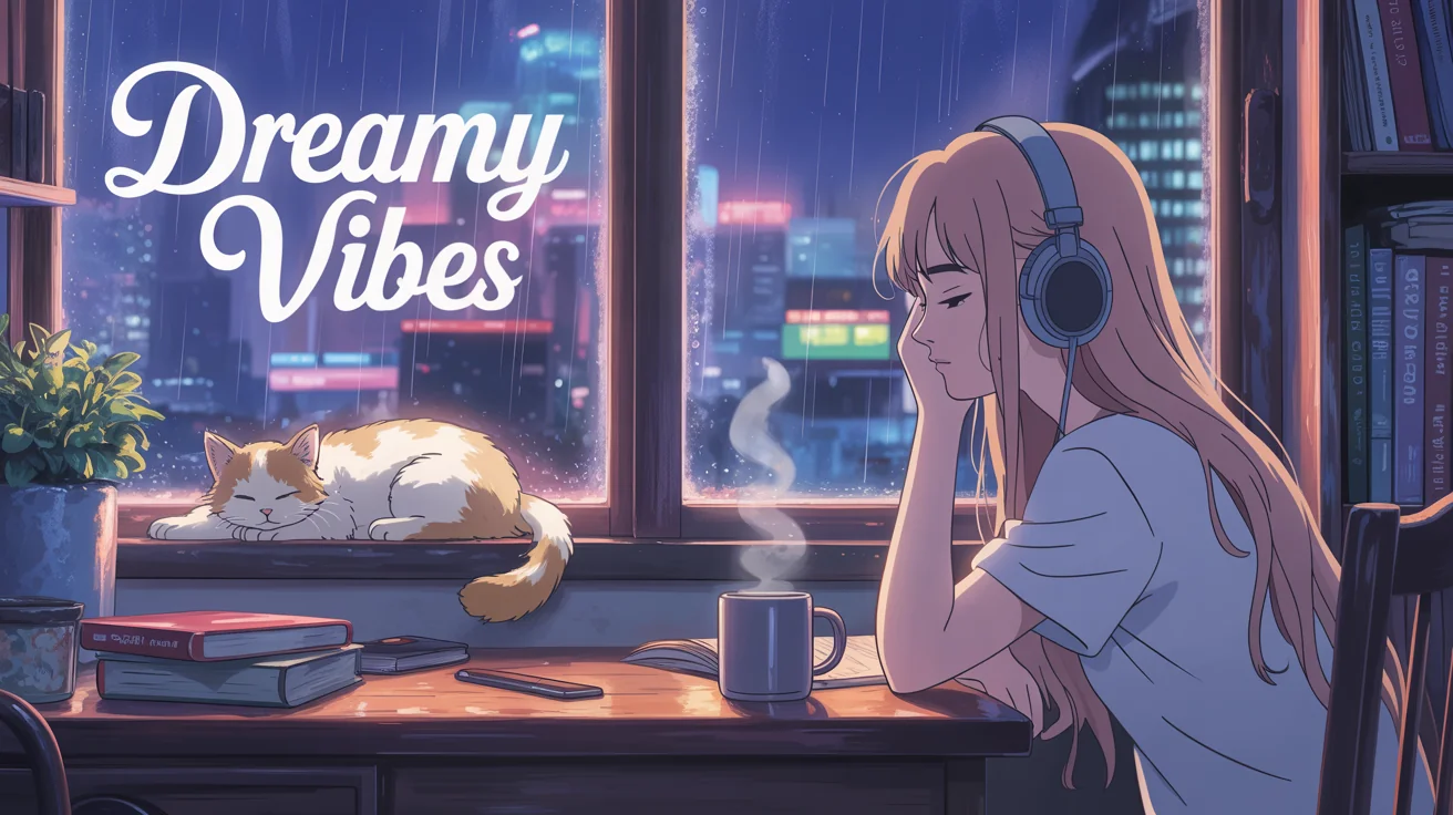 An eye-catching lofi album cover featuring an anime-style illustration of a girl studying at her desk at night, with a rainy city view from her window. The text 'Dreamy Vibes' is on the cover.