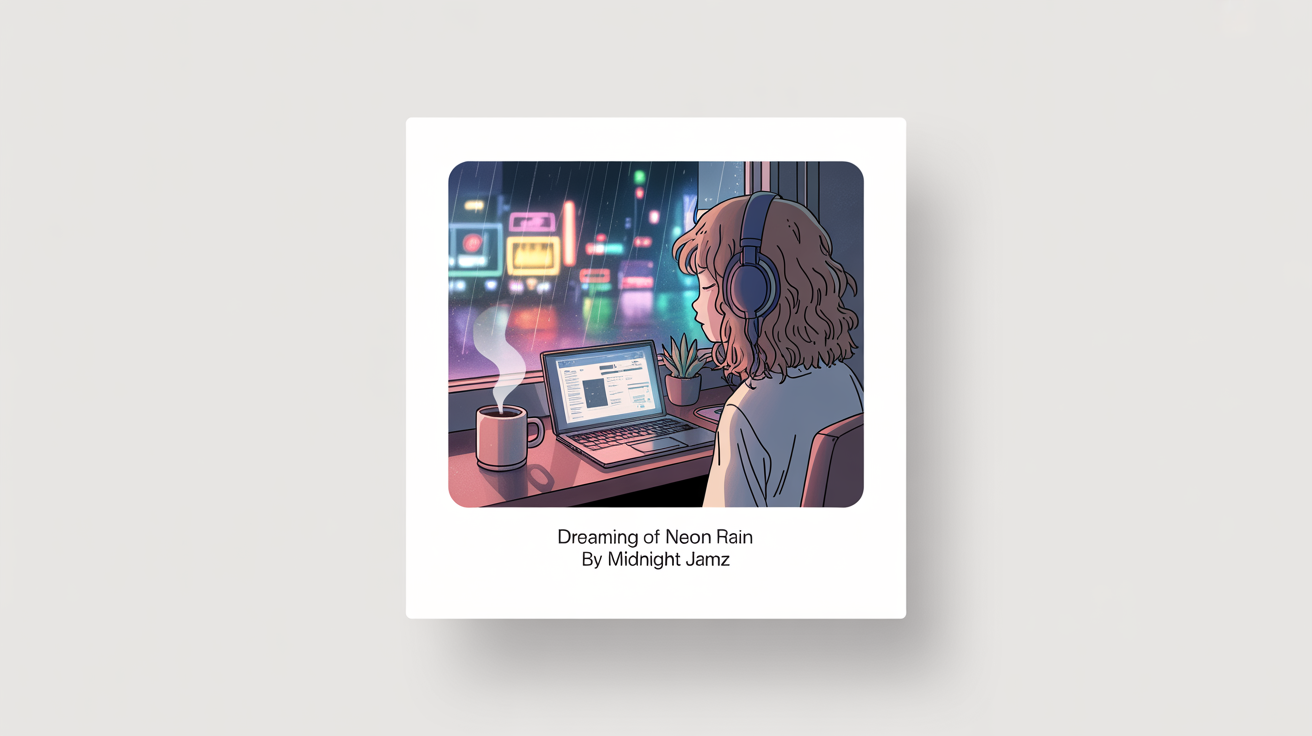 A mockup of a lo-fi album cover titled 'Dreaming of Neon Rain', featuring an anime-style illustration of a person in a cozy room looking out a window at a rainy city at night.
