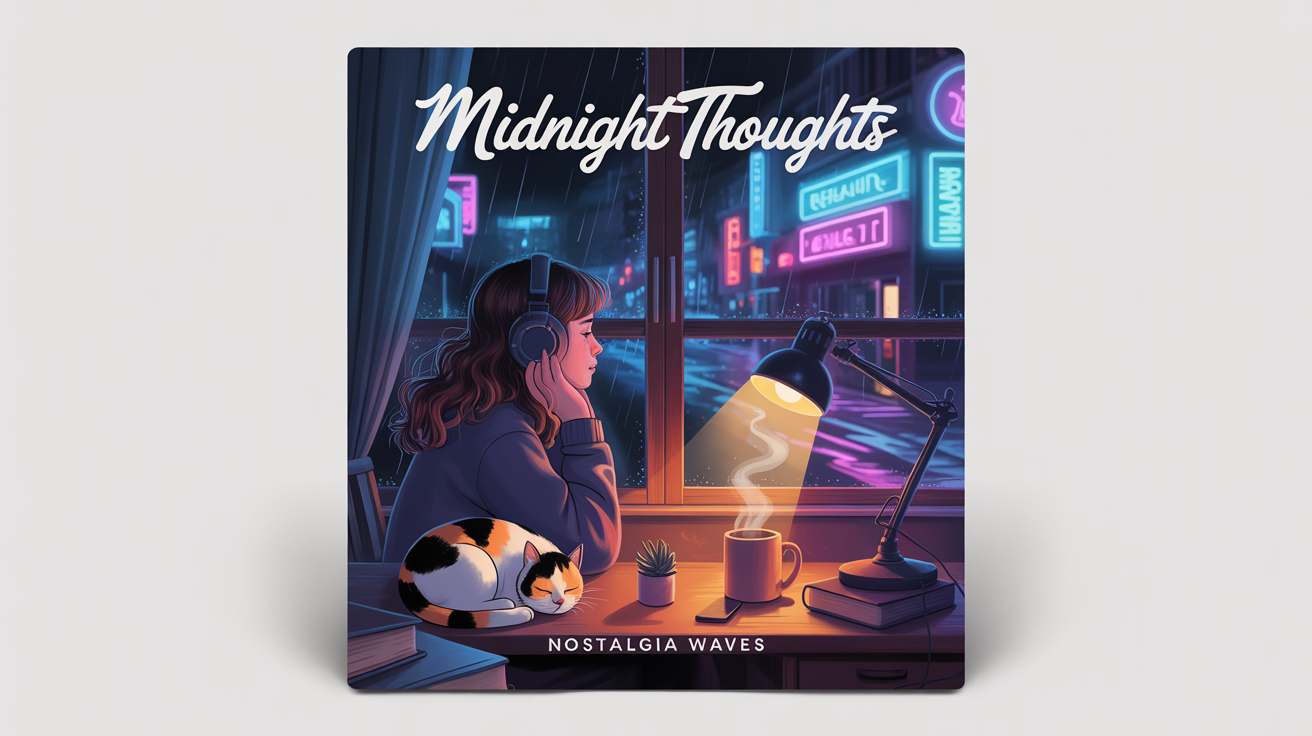 A mockup of a square lofi album cover titled 'Midnight Thoughts'. The art shows an anime-style woman with headphones looking out a window at a rainy city street at night.