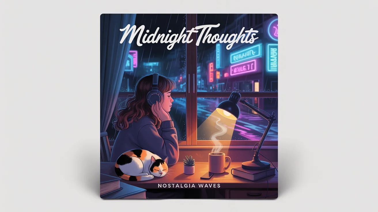 A mockup of a square lofi album cover titled 'Midnight Thoughts'. The art shows an anime-style woman with headphones looking out a window at a rainy city street at night.